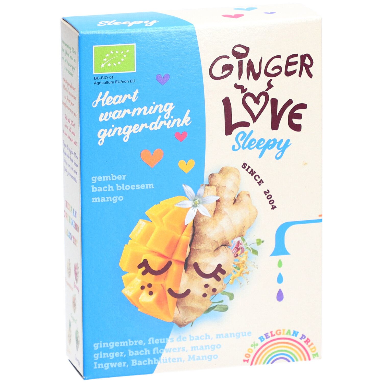 Doos met productillustratie. Opschrift: Ginger Love Sleepy. Bevat mango, gember, Bachbloesem. Bio-keurmerk.