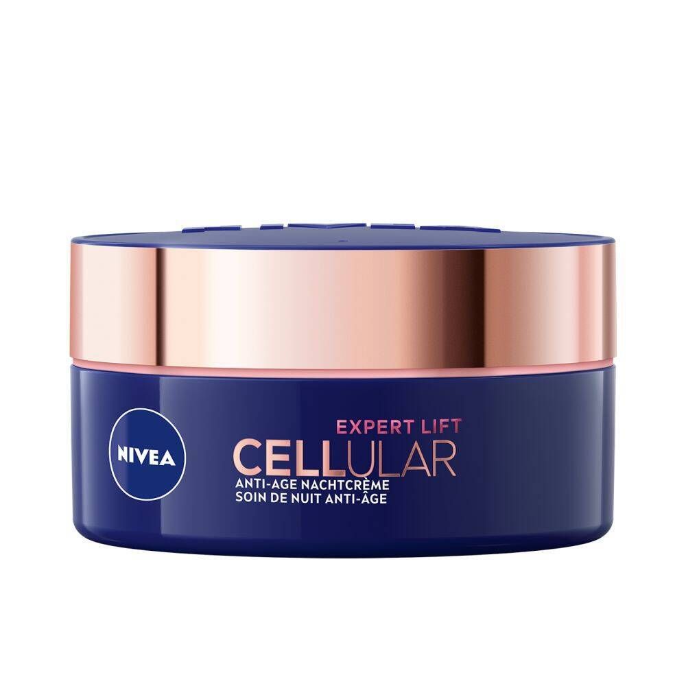 Pot de crème bleu foncé avec couvercle rose doré. Inscription : NIVEA CELLULAR EXPERT LIFT Soin de Nuit Anti-Âge.