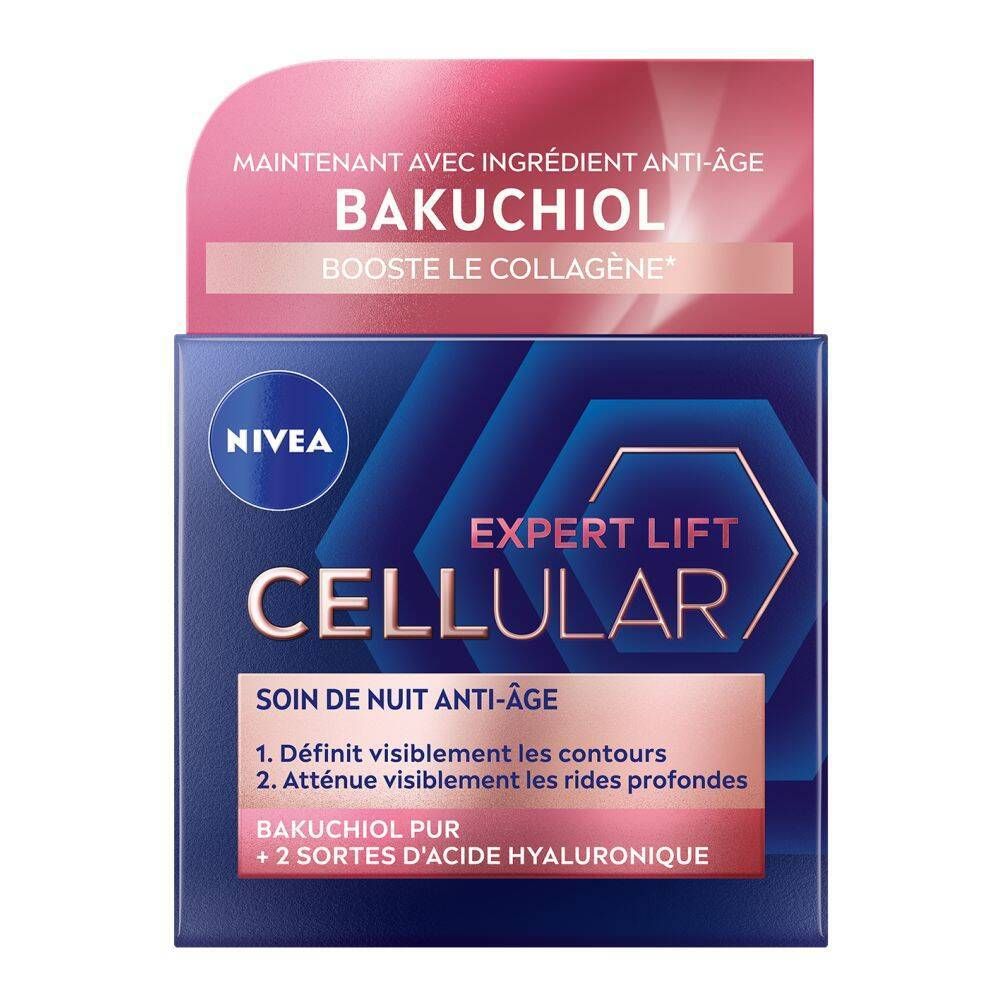 Emballage avec crème. Inscription : NIVEA CELLULAR EXPERT LIFT Soin de Nuit Anti-Âge. Avec Bakuchiol et acide hyaluronique.