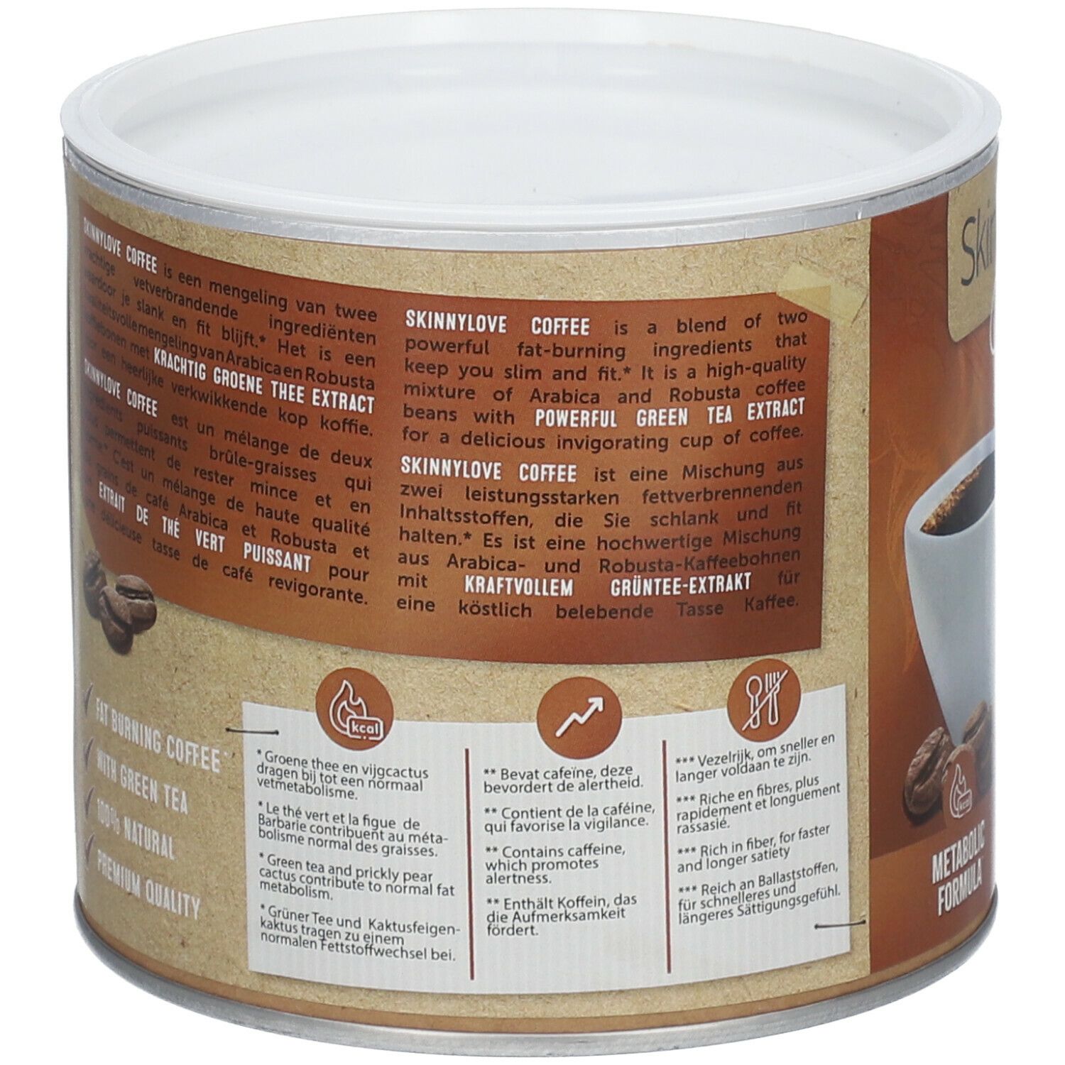 Rückseite der Dose SKINNYLOVE Kaffee Doppelte Fettverbrennung. Text in mehreren Sprachen. Enthält Inhaltsstoffe und Nährwertangaben.