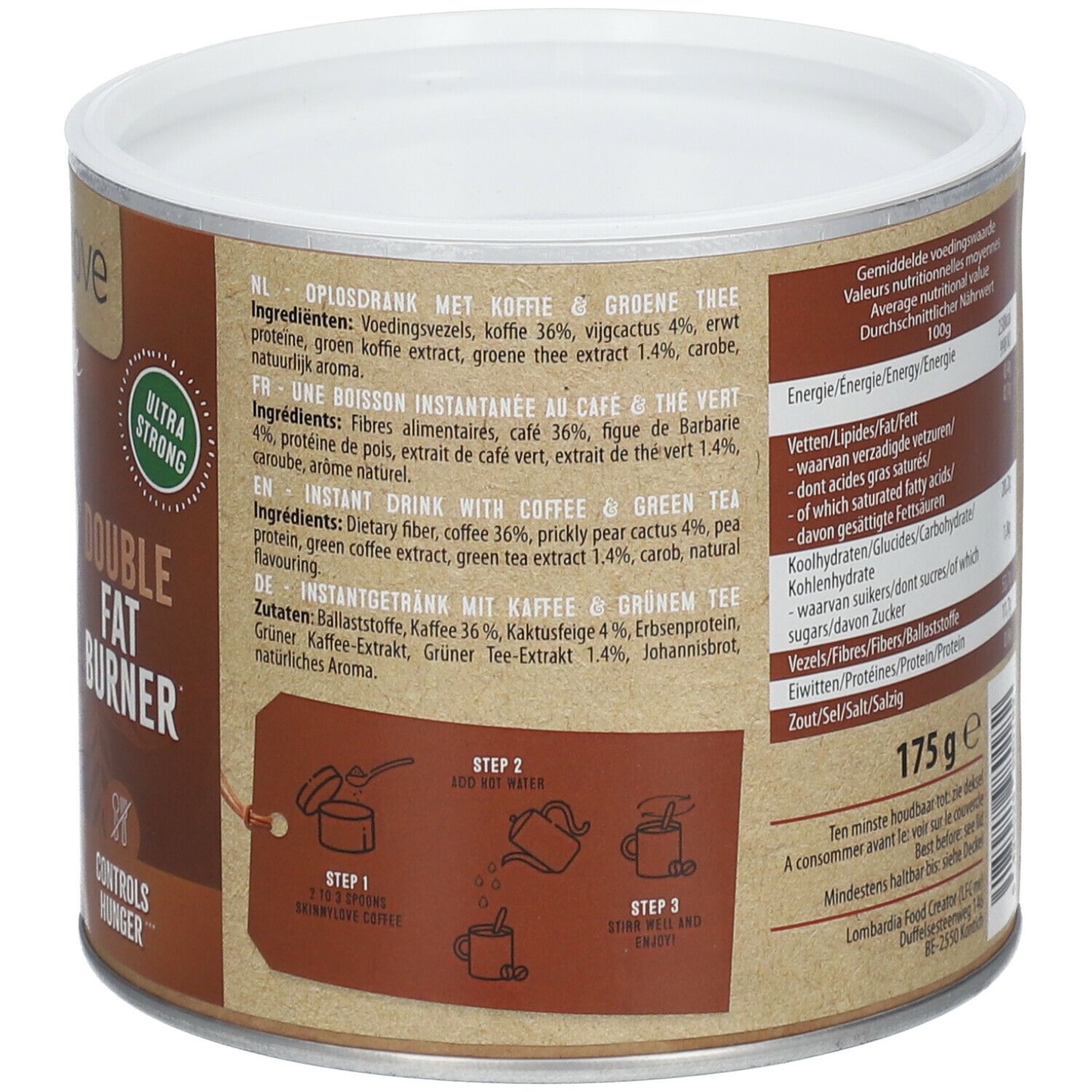 Rückseite der Dose SKINNYLOVE Kaffee Doppelte Fettverbrennung. Inhaltsstoffe, Zubereitungsschritte und Nährwertangaben.