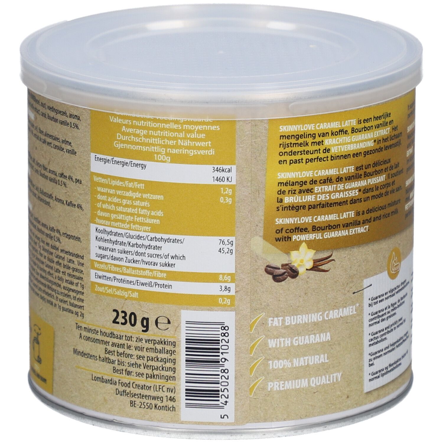 Dose SkinnyLove Caramel Latte. Nährwerttabelle. Inhalt: 230 g. Mit Aufdruck: Fat Burning Caramel, 100% Natural.