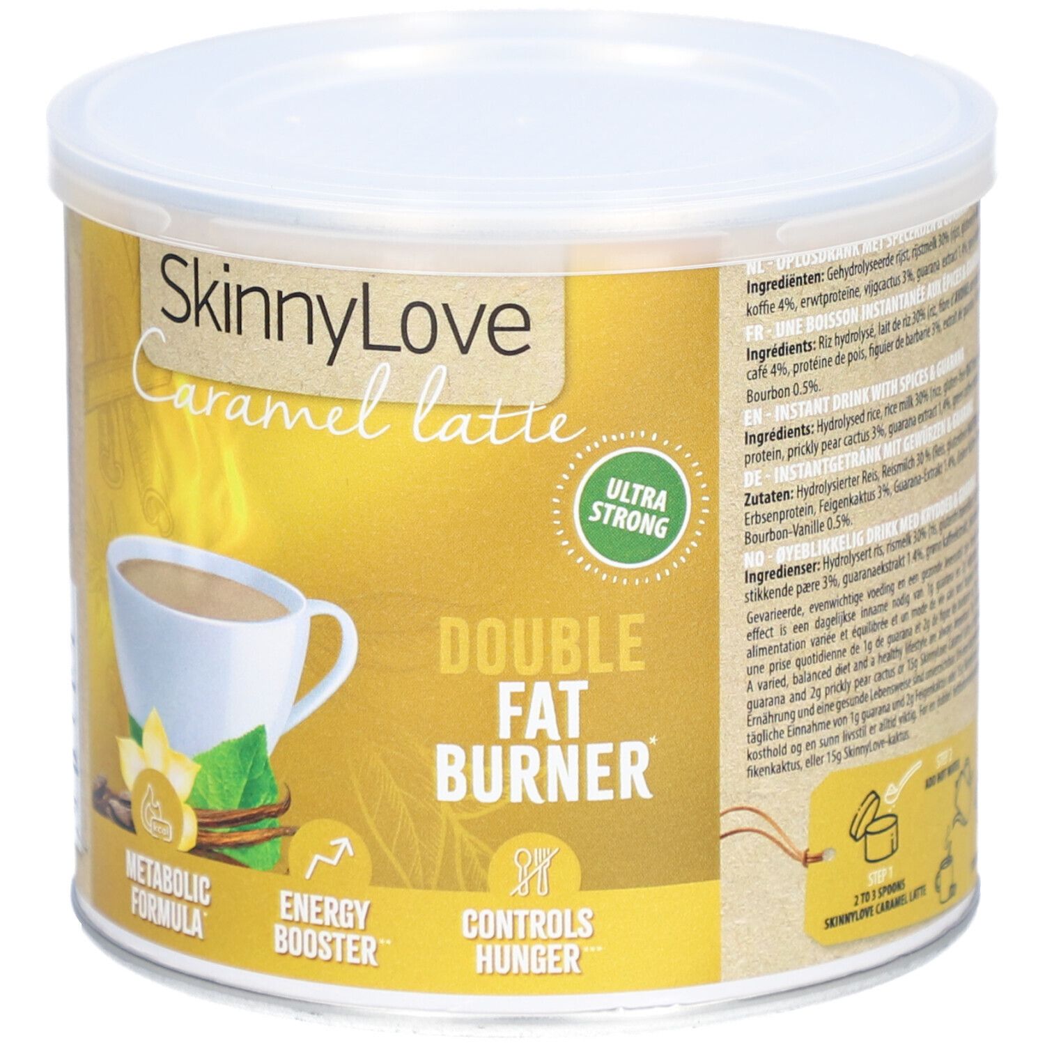 Dose SkinnyLove Caramel Latte. Aufdruck: Double Fat Burner, Metabolic Formula, Energy Booster, Controls Hunger. Zutatenliste.