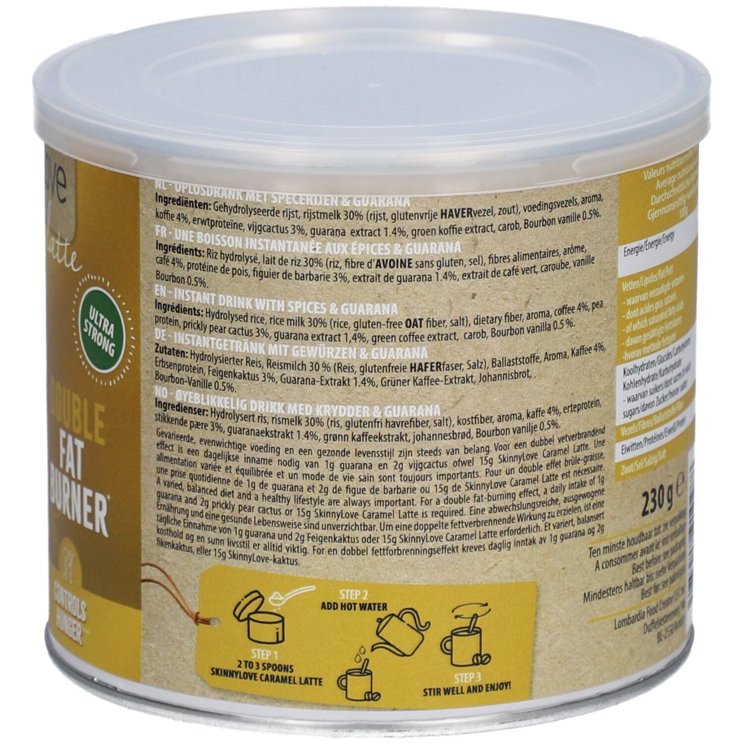 Rückseite Dose SkinnyLove Caramel Latte. Zubereitungshinweise. Inhalt: 230 g. Mit Aufdruck: 2-3 Löffel, heißes Wasser, umrühren.