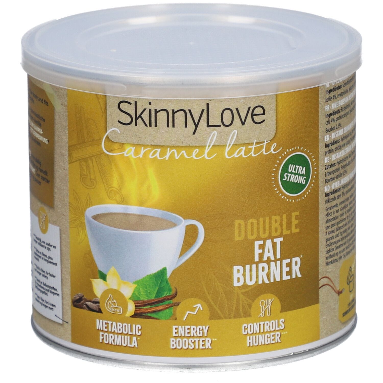 Dose SkinnyLove Caramel Latte. Aufdruck: Double Fat Burner, Metabolic Formula, Energy Booster, Controls Hunger.