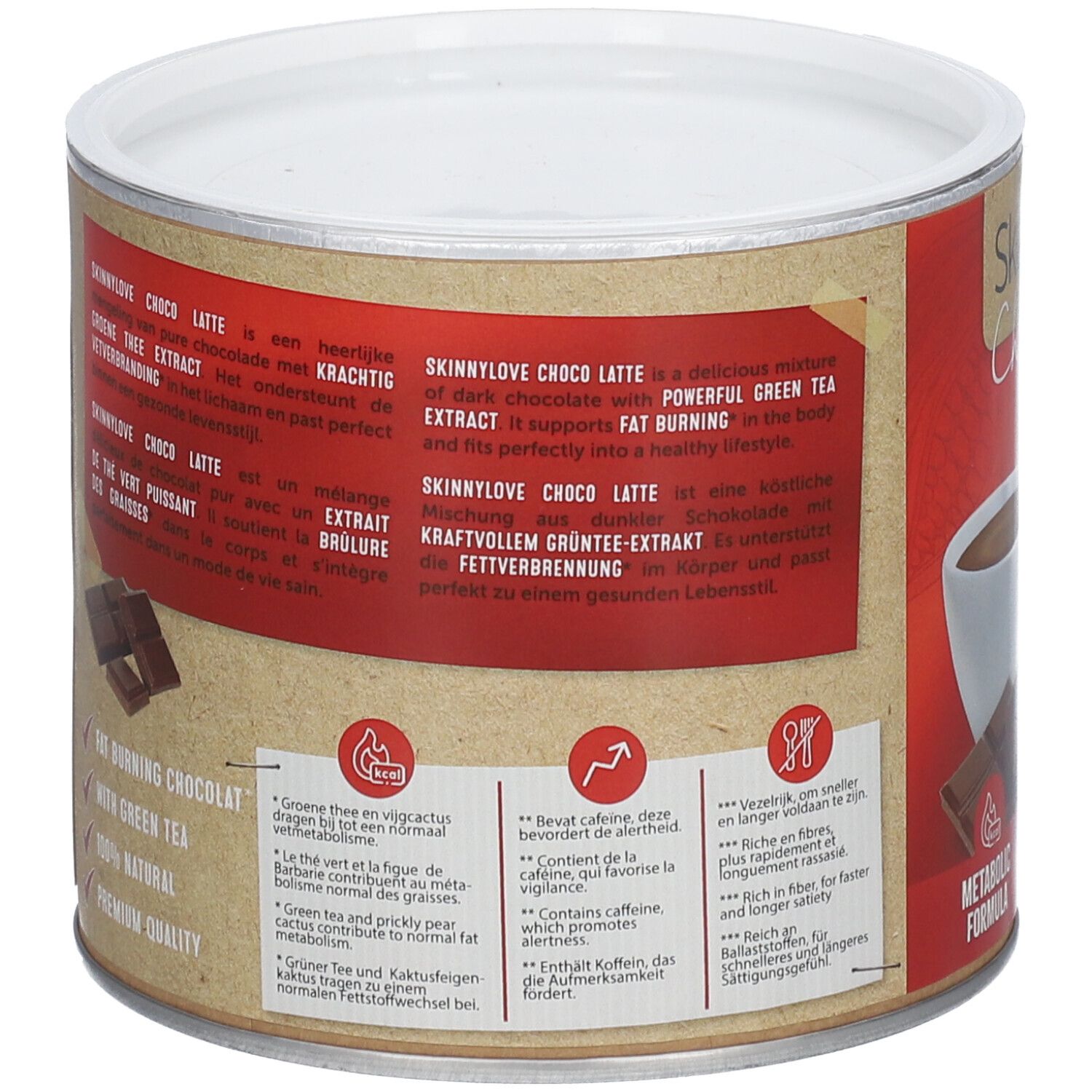 Rückseite der Dose SKINNYLOVE Choco Latte. Text in mehreren Sprachen. Brauner Hintergrund. Weißer Deckel.