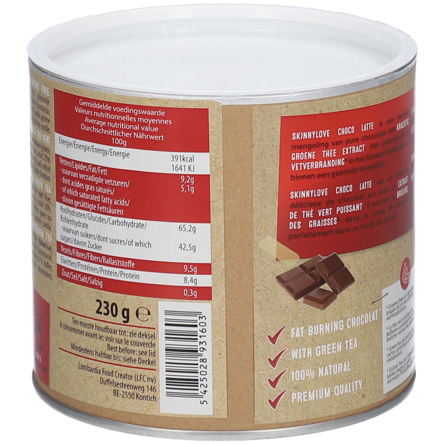 Dose SKINNYLOVE Choco Latte. Nährwertangaben und Text. Brauner Hintergrund. Weißer Deckel. 230g.