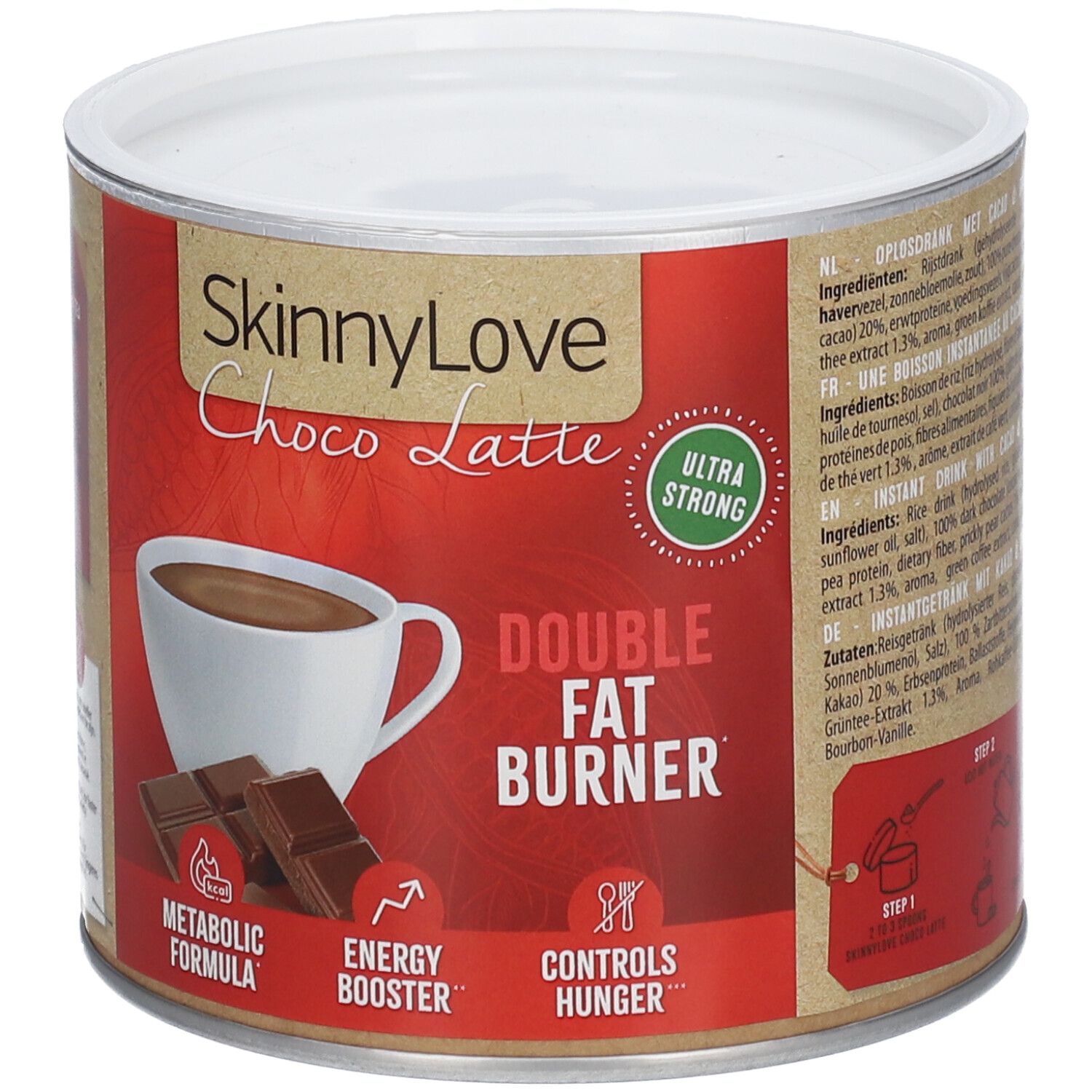Dose SKINNYLOVE Choco Latte Doppelter Fettverbrenner. Rote Verpackung mit Produktabbildung und Text. Weißer Deckel.