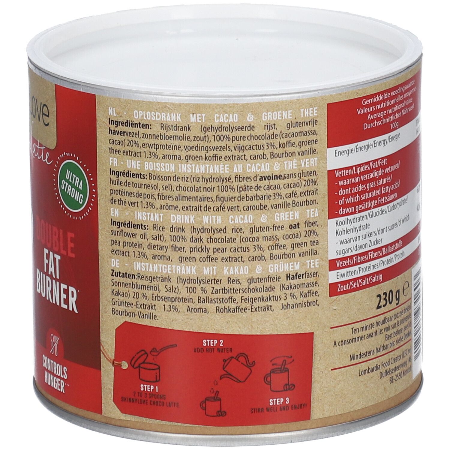 Rückseite der Dose SKINNYLOVE Choco Latte. Zutatenliste und Zubereitungshinweise. Brauner Hintergrund. Weißer Deckel. 230g.