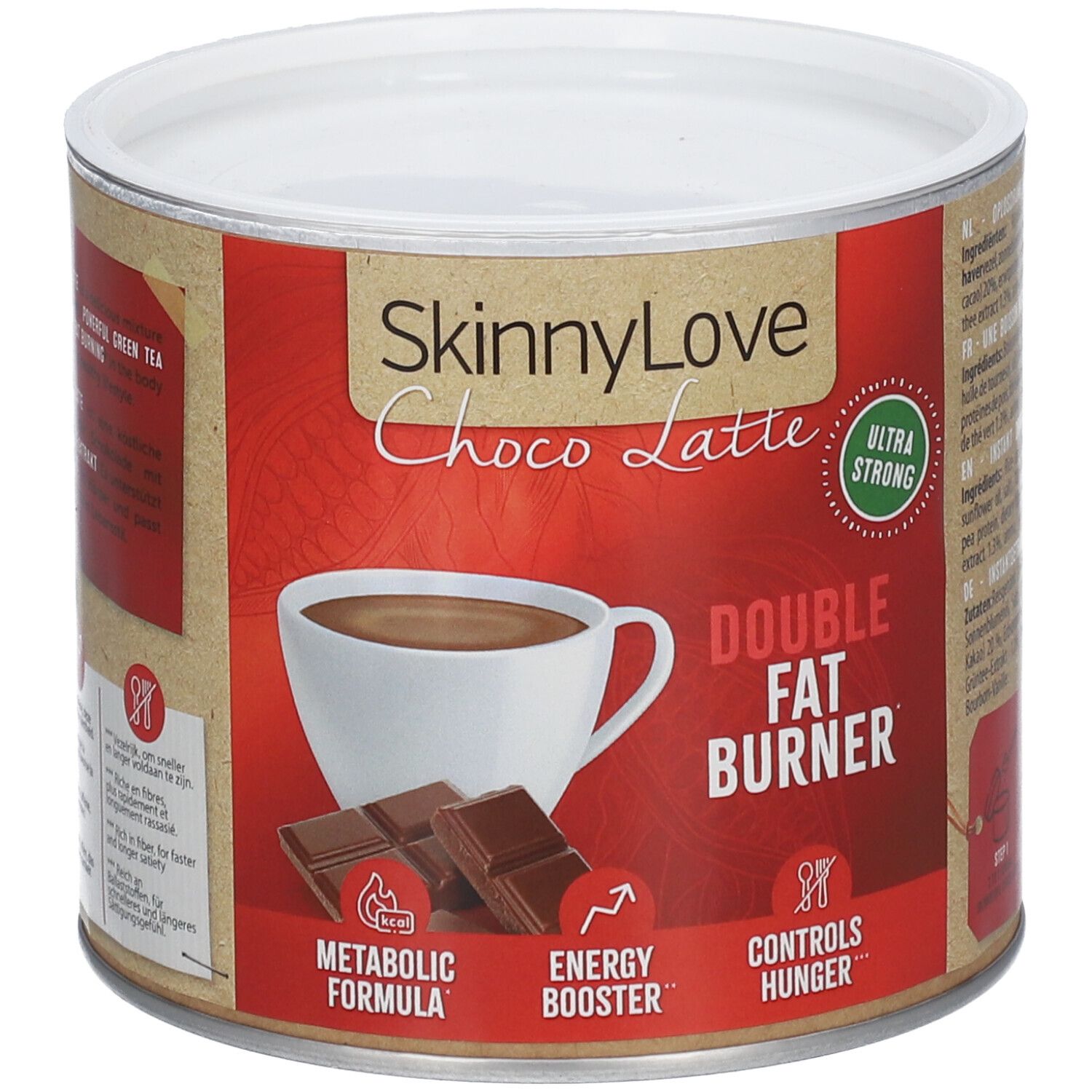 Dose SKINNYLOVE Choco Latte Doppelter Fettverbrenner. Rote Verpackung mit Produktabbildung und Text. Deckel weiß.