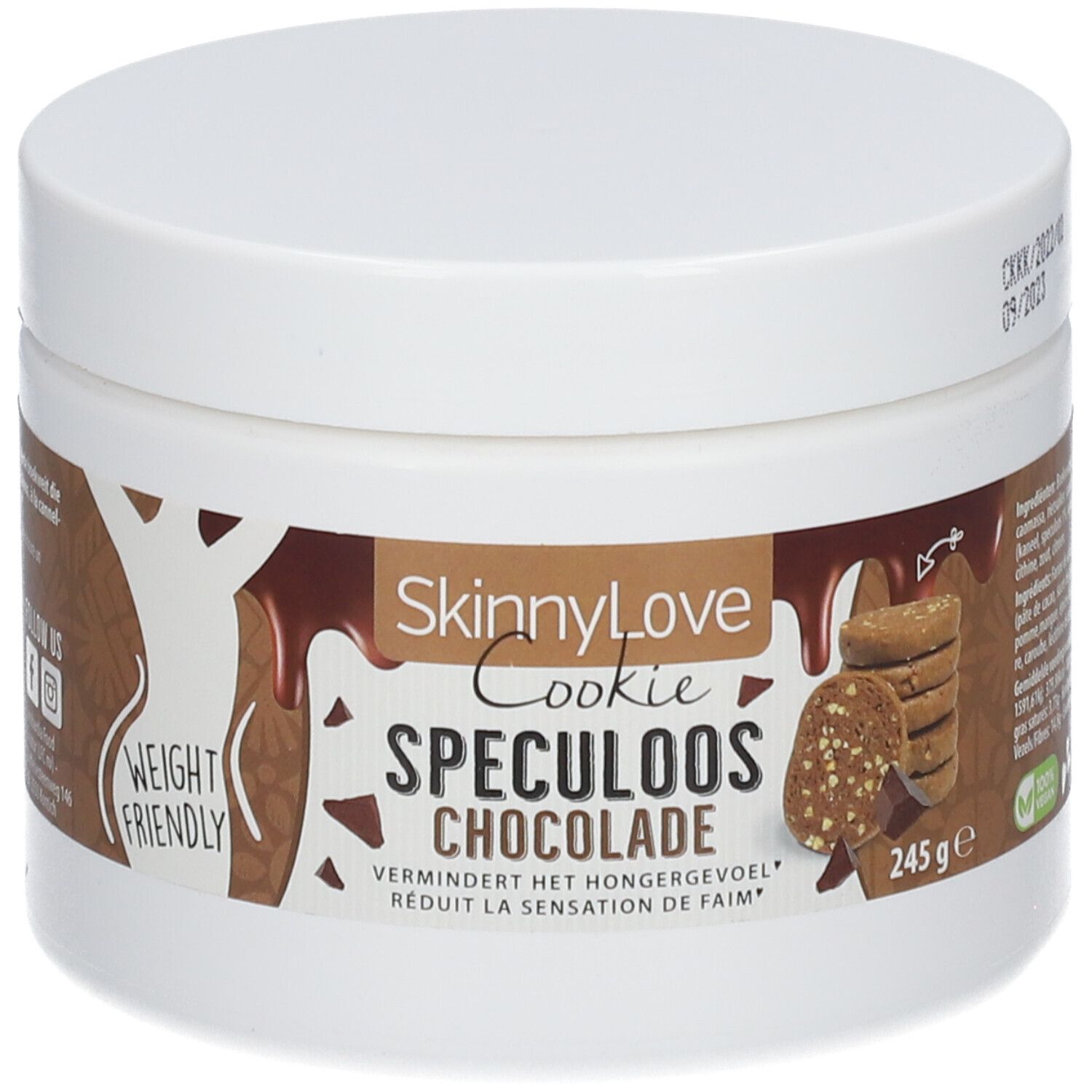 Pot blanc SkinnyLove Cookie Spéculoos Chocolat. Inscription "Weight Friendly". Contient 245g.
