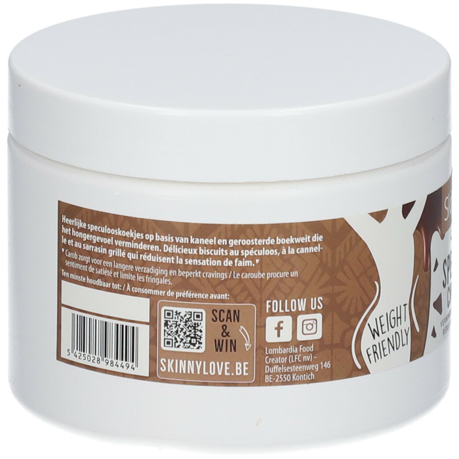 Dos d'un pot blanc. Texte: SkinnyLove. Code-barres, QR code, icônes réseaux sociaux. "Weight Friendly".