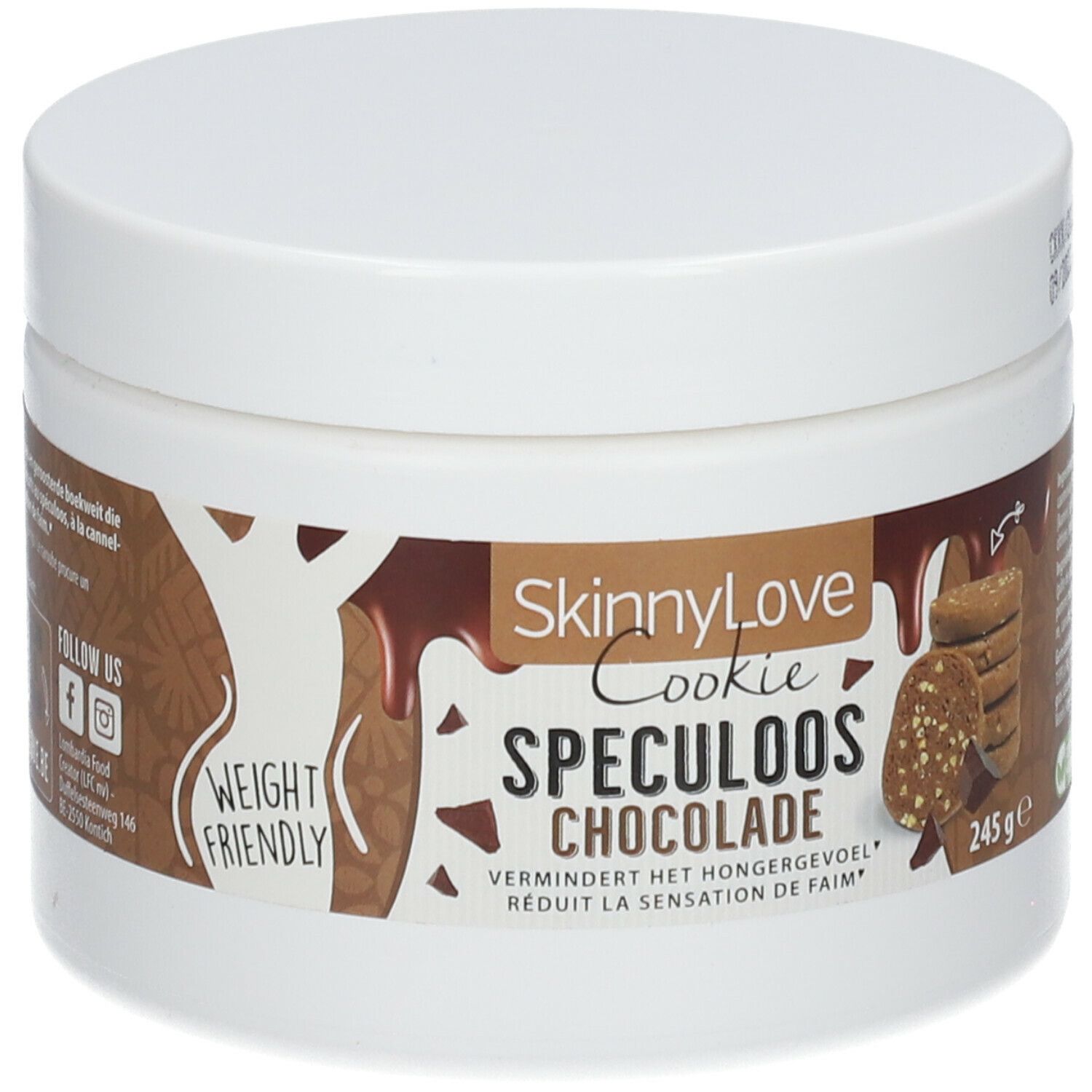 Pot blanc SkinnyLove Cookie Spéculoos Chocolat. Inscription "Weight Friendly". Contient 245g.