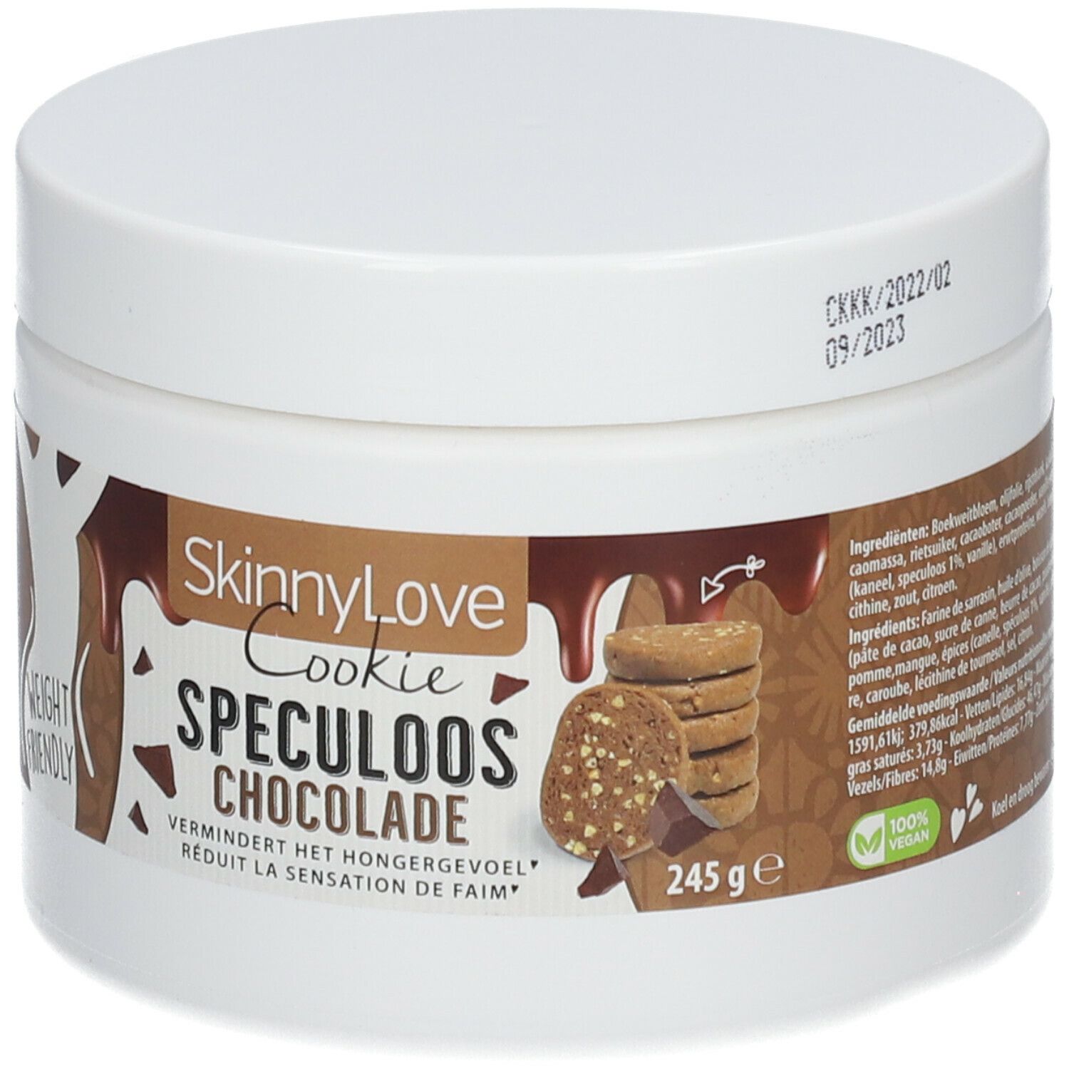 Pot blanc SkinnyLove Cookie Spéculoos Chocolat. Inscription "Weight Friendly". 245g. Logo Vegan.