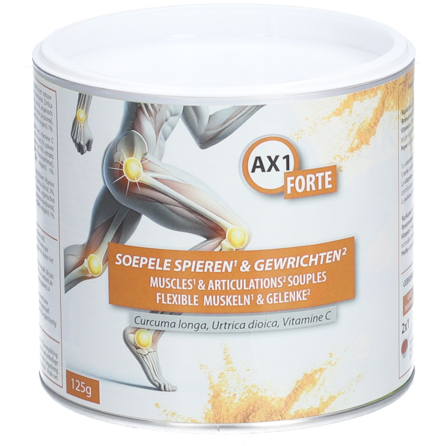 Blik AX1 Forte, 125g. Illustratie van een hardloper met gemarkeerde gewrichten. Tekst: Soepele Spieren & Gewrichten.