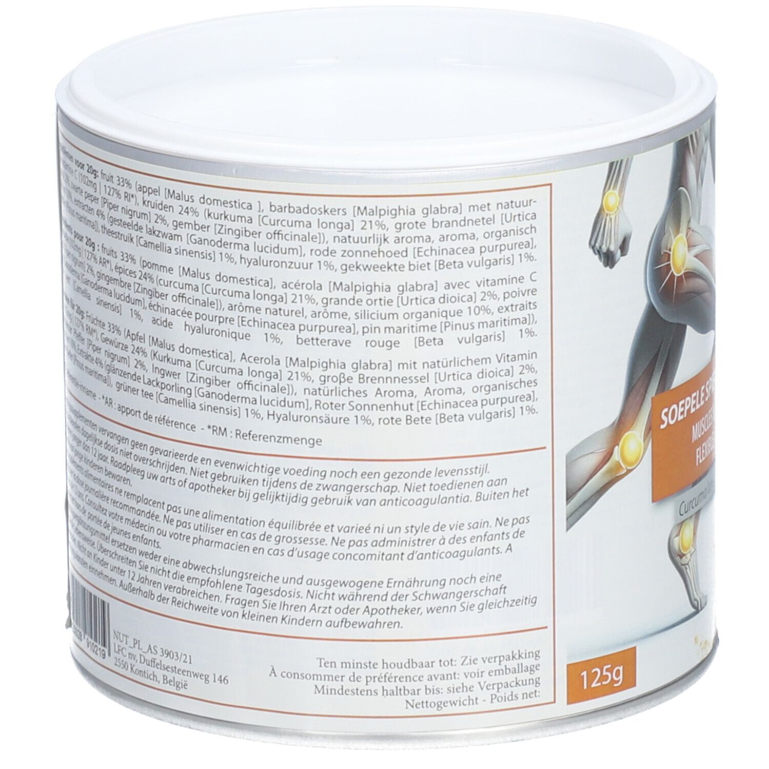 Blik met ingrediënten en voedingswaarde. Tekst: Soepele Spieren & Gewrichten. 125g. Ten minste houdbaar tot...