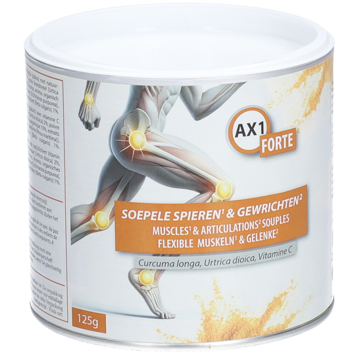 Blik AX1 Forte, 125g. Illustratie van een hardloper met gemarkeerde gewrichten. Tekst: Soepele Spieren & Gewrichten.