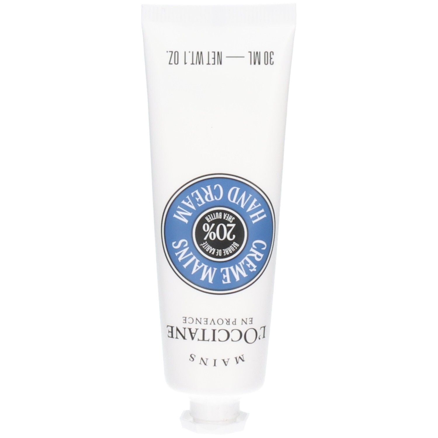 Weiße Tube Handcreme mit blauem Etikett, das 20% Sheabutter angibt.