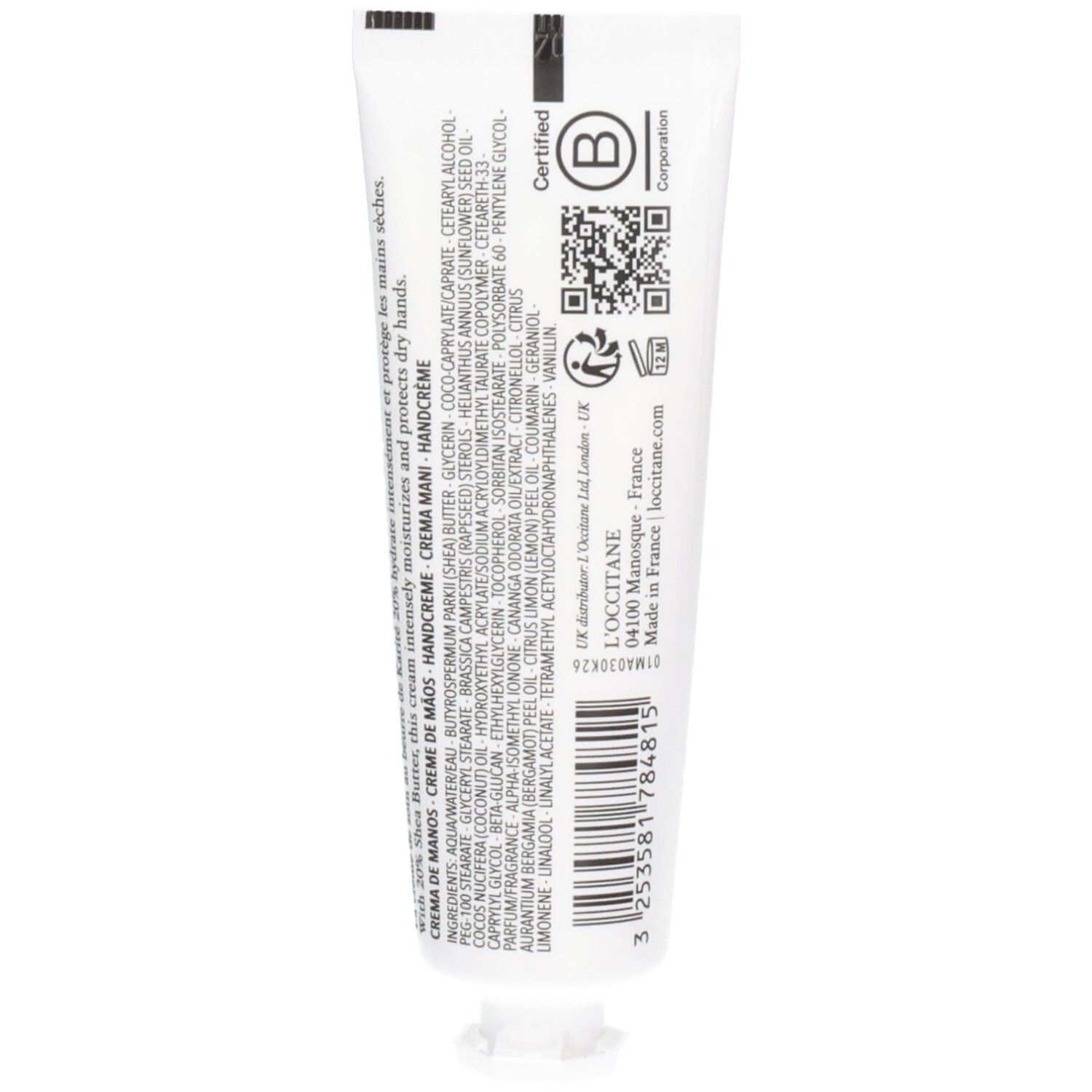 Rückseite einer weißen Handcreme-Tube mit Inhaltsstoffen und B Corp-Zertifizierung.