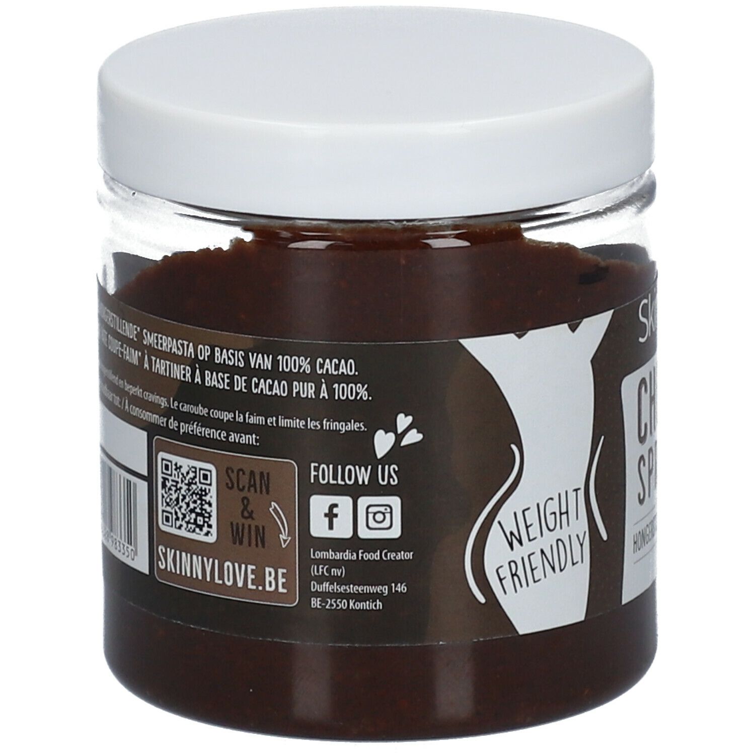 Pot de pâte à tartiner au chocolat. Couvercle blanc. Inscription : SkinnyLove, Choco Spread, Weight Friendly. QR code.