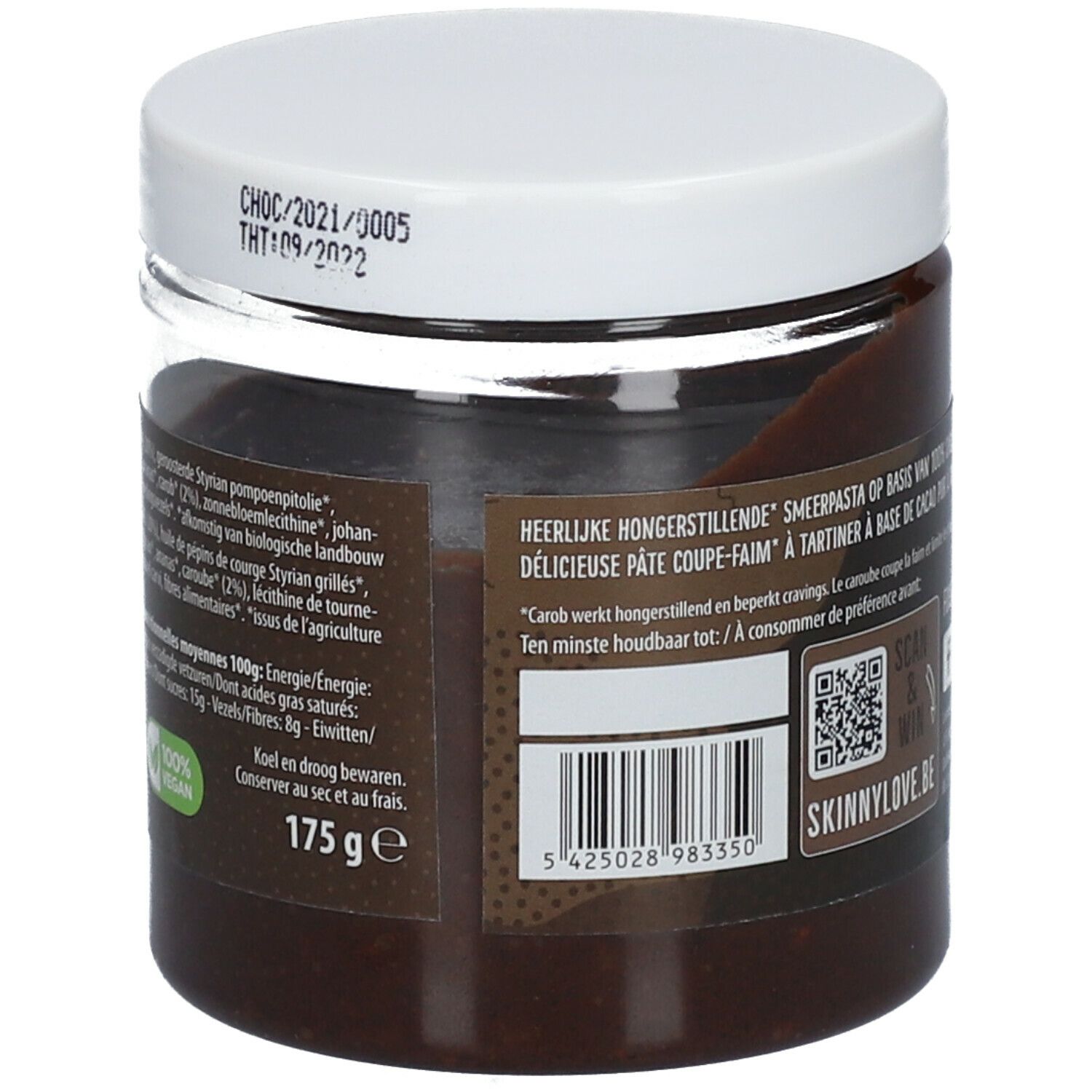 Pot de pâte à tartiner au chocolat. Couvercle blanc. Inscription : SkinnyLove, Choco Spread. 175g. Label bio.