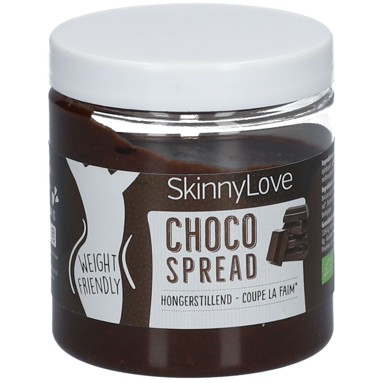 Pot de pâte à tartiner au chocolat. Couvercle blanc. Inscription : SkinnyLove, Choco Spread, Weight Friendly. Label bio.