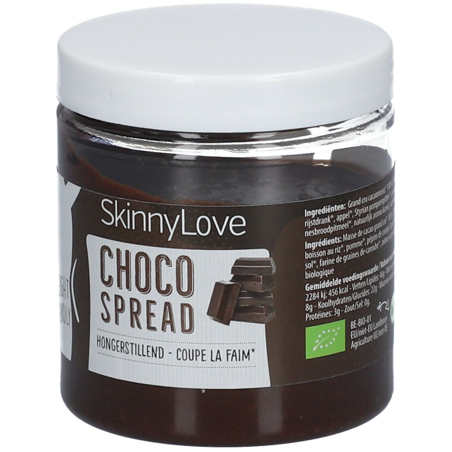 Pot de pâte à tartiner au chocolat. Couvercle blanc. Inscription : SkinnyLove, Choco Spread. Label bio. Liste des ingrédients.