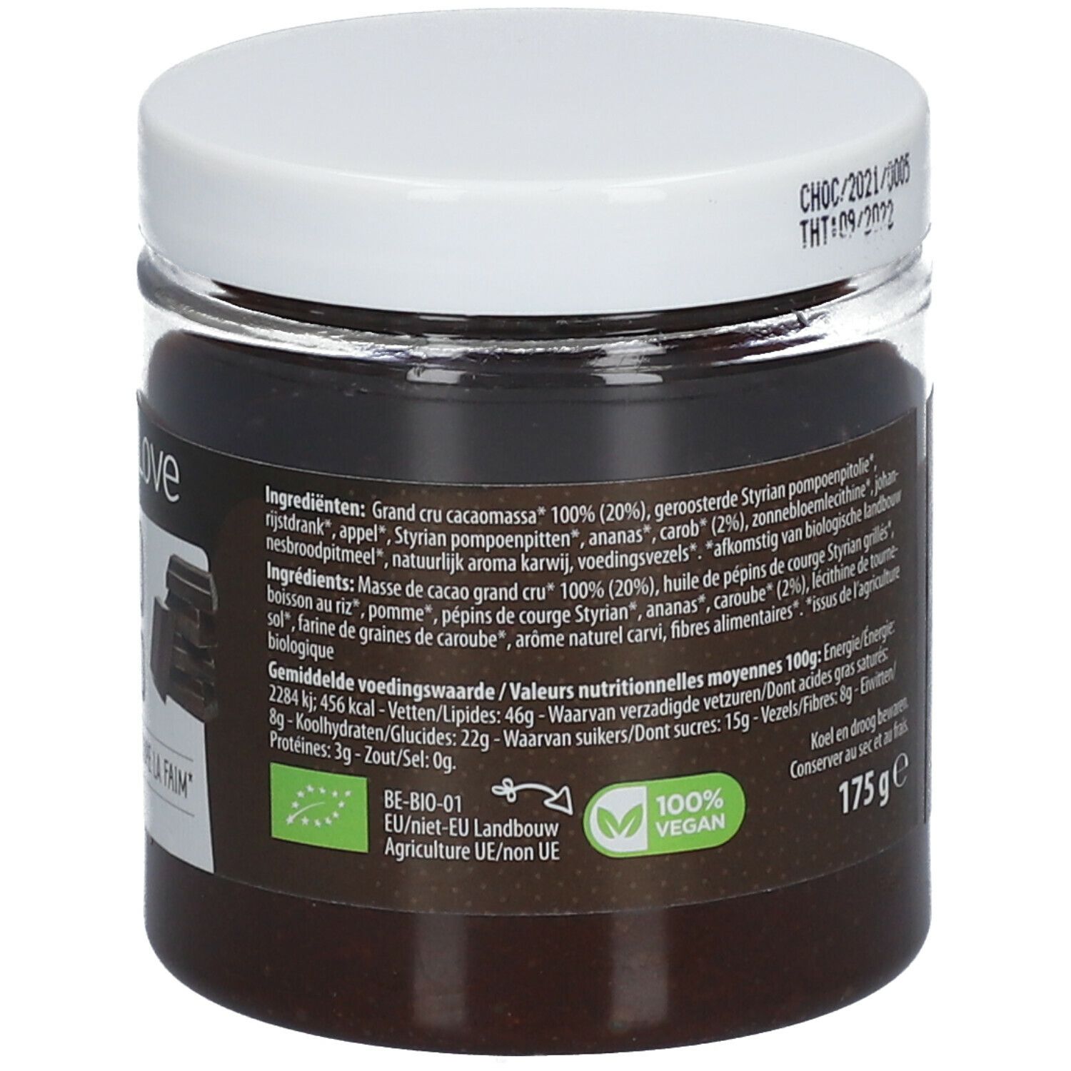 Pot de pâte à tartiner au chocolat. Couvercle blanc. Inscription : SkinnyLove, Choco Spread. Label bio. 175g. Vegan.
