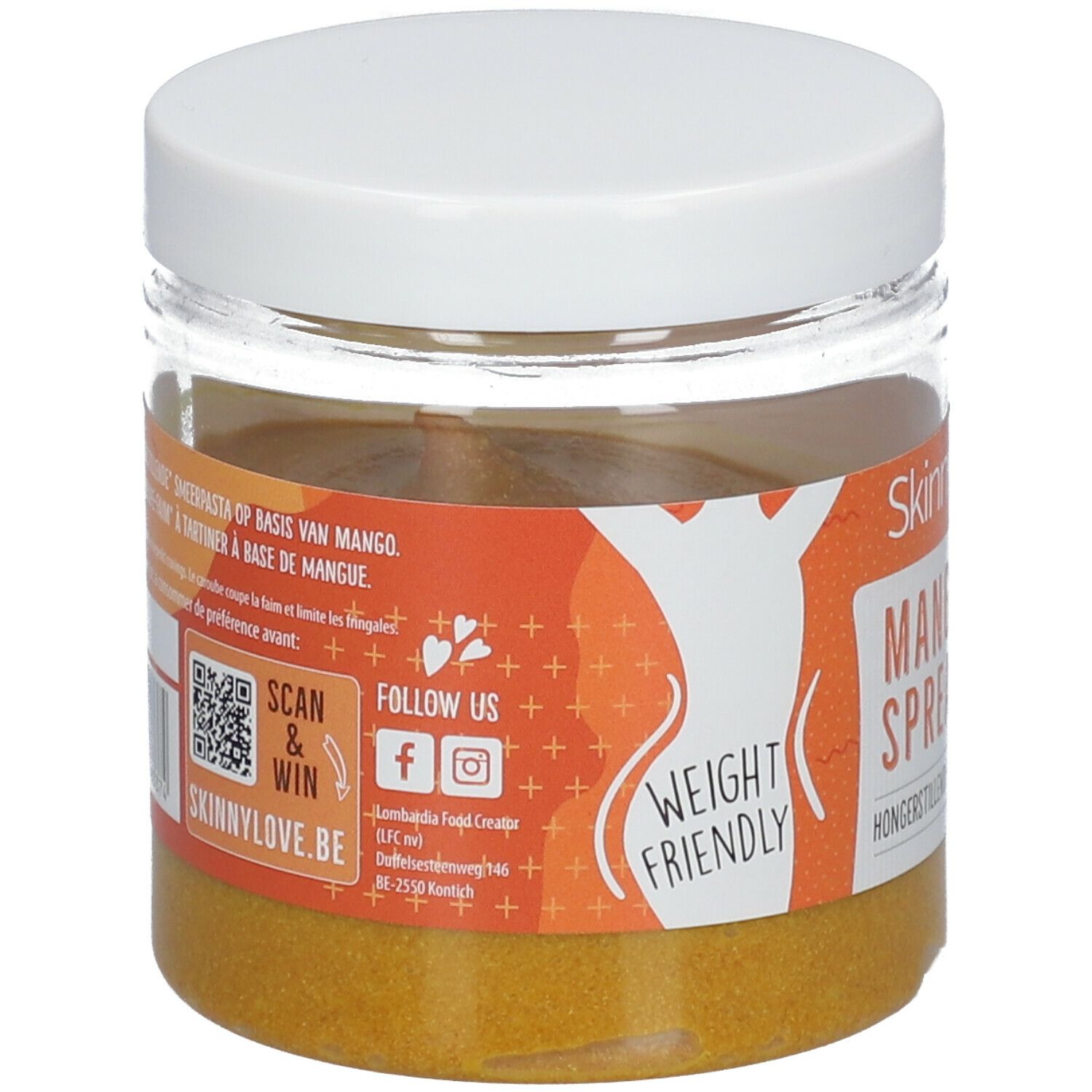 Dos du pot de Mango Spread. Étiquette avec texte, code QR et icônes de réseaux sociaux. Couvercle blanc.