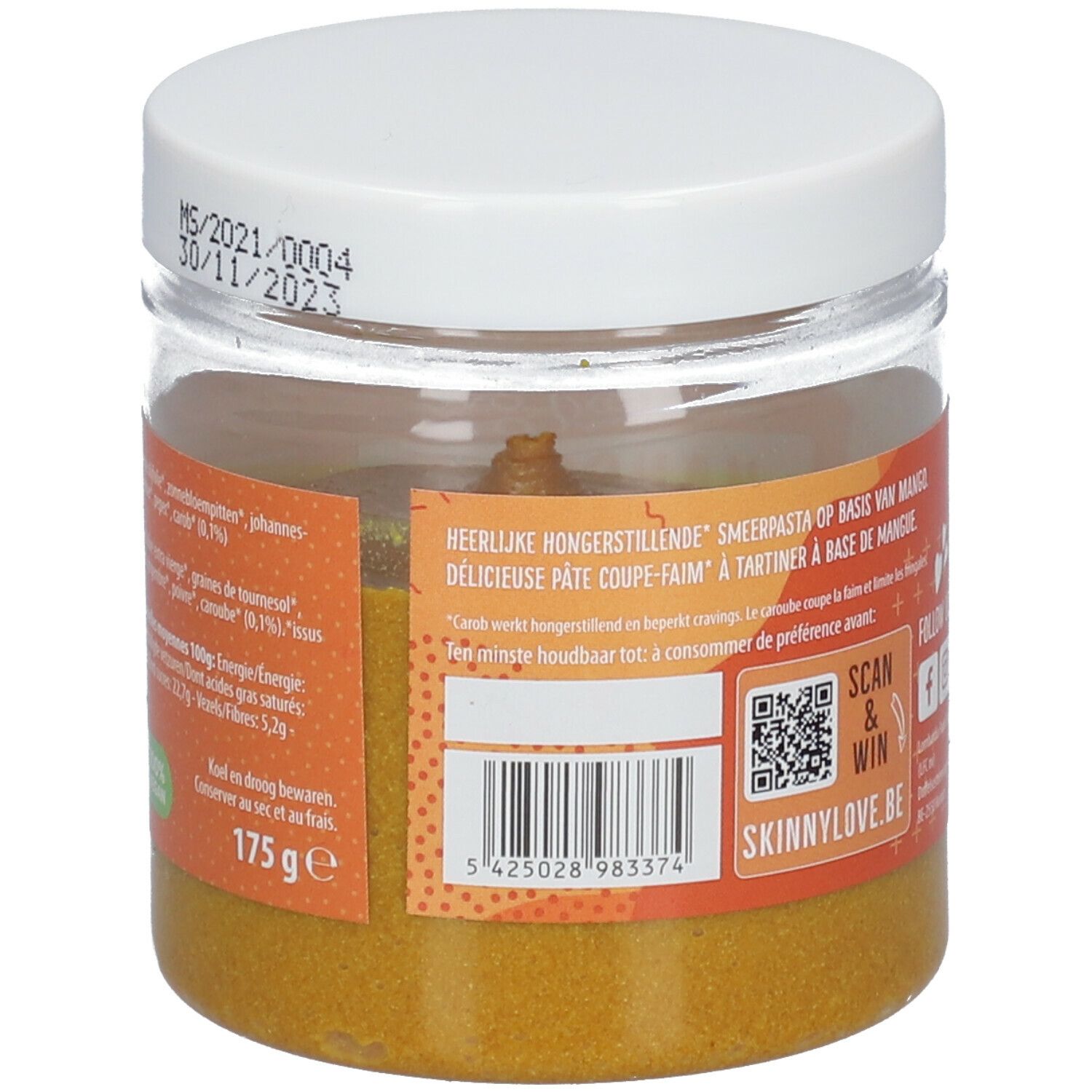 Dos du pot de Mango Spread. Étiquette avec informations nutritionnelles, date limite et code-barres. Couvercle blanc.