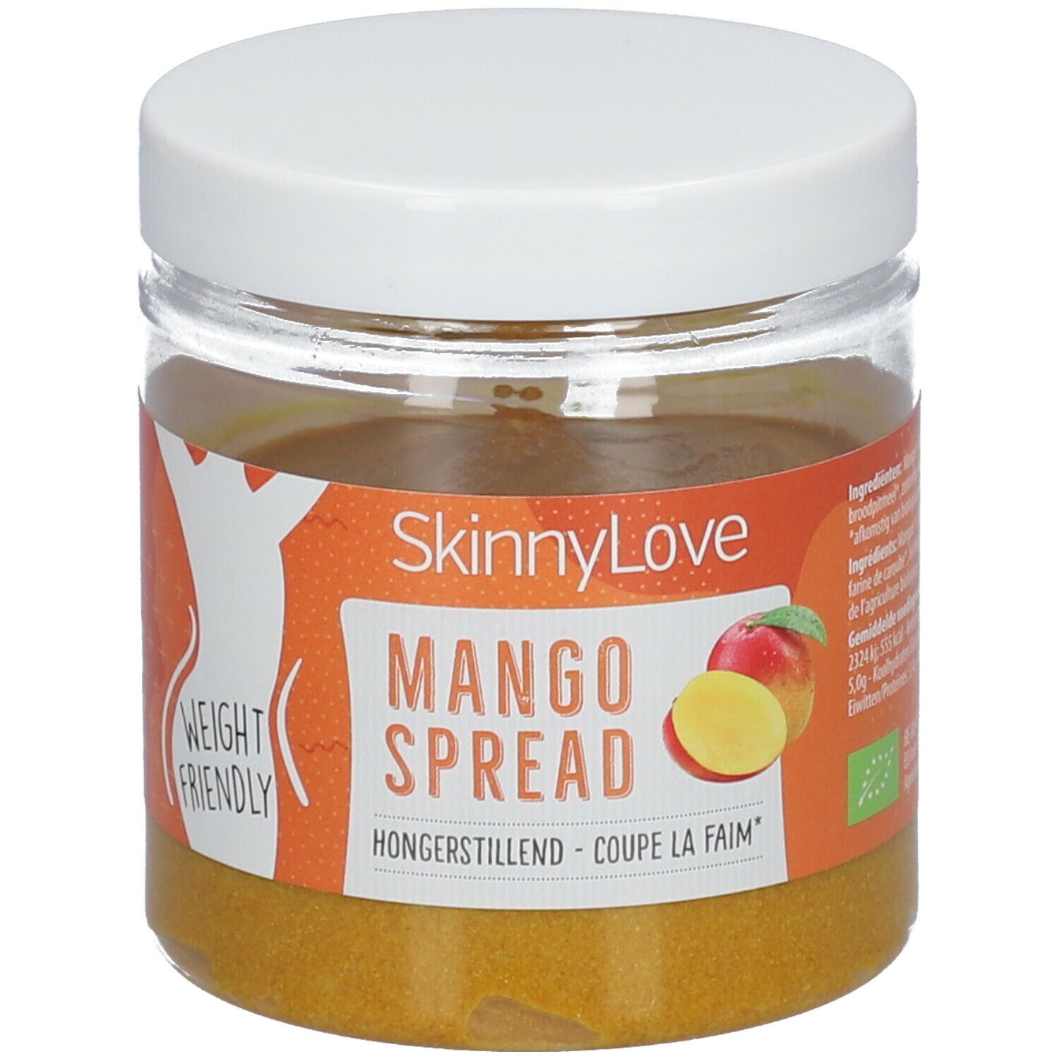 Pot de Mango Spread. Étiquette avec nom du produit, illustration de mangue et label bio. Couvercle blanc.