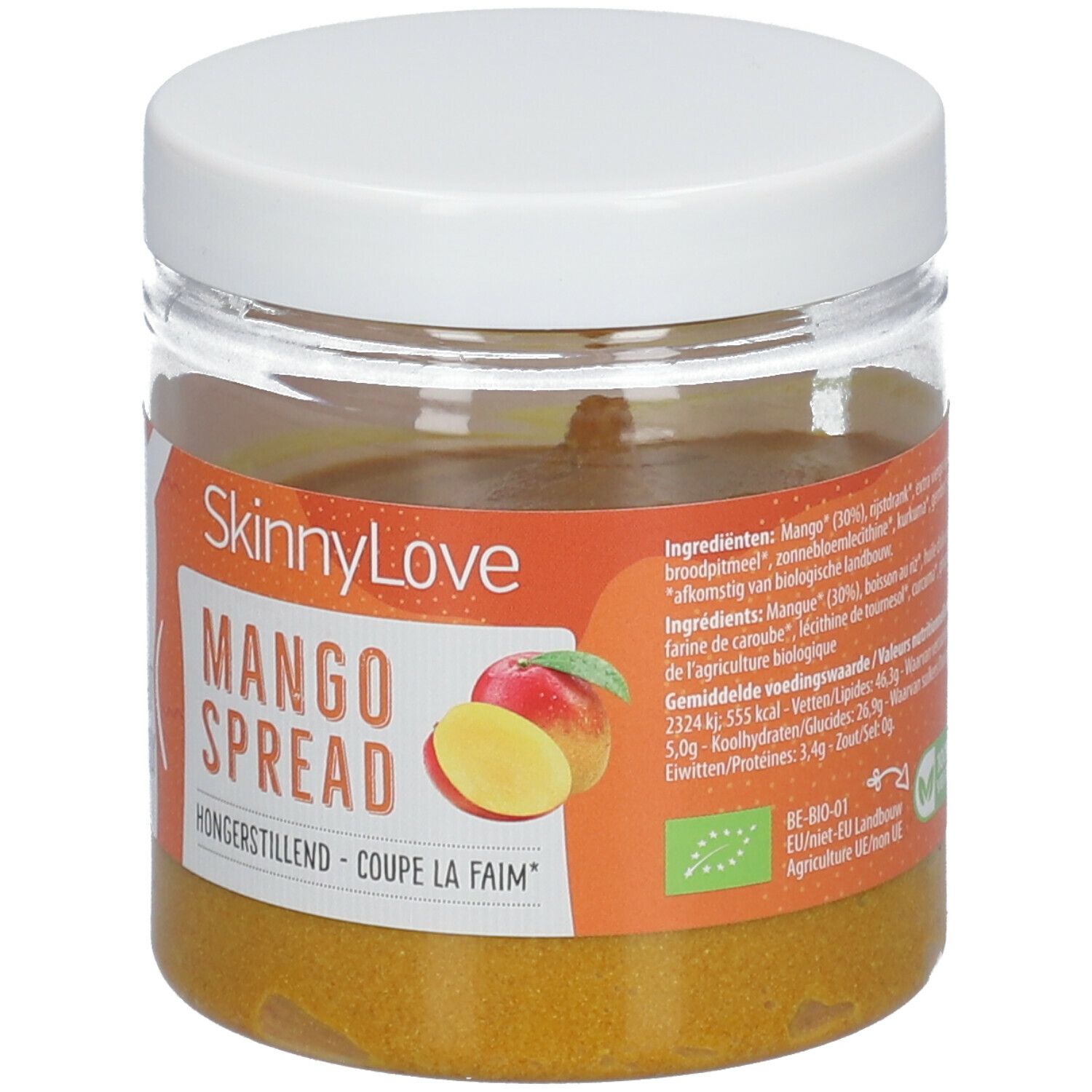 Pot de Mango Spread. Étiquette avec nom du produit, illustration de mangue, label bio et informations nutritionnelles. Couvercle blanc.
