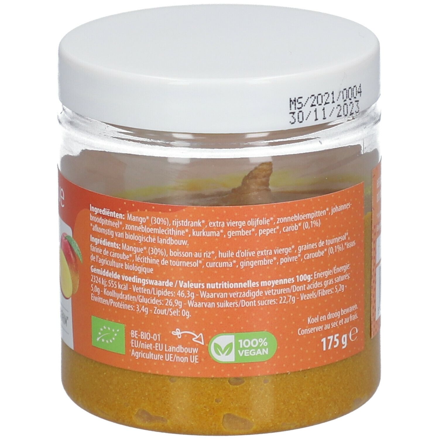 Dos du pot de Mango Spread. Étiquette avec ingrédients, informations nutritionnelles, label bio et logo vegan. Couvercle blanc.