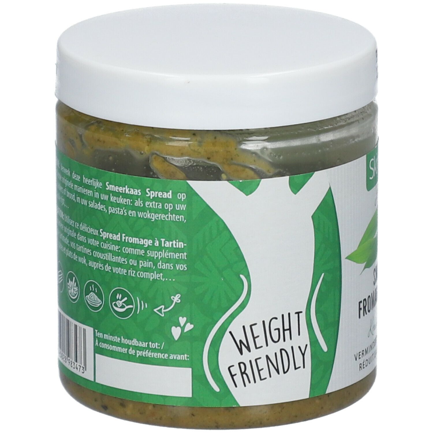 Pot de pâte verte avec couvercle blanc. Inscription: Weight Friendly. Texte en plusieurs langues.