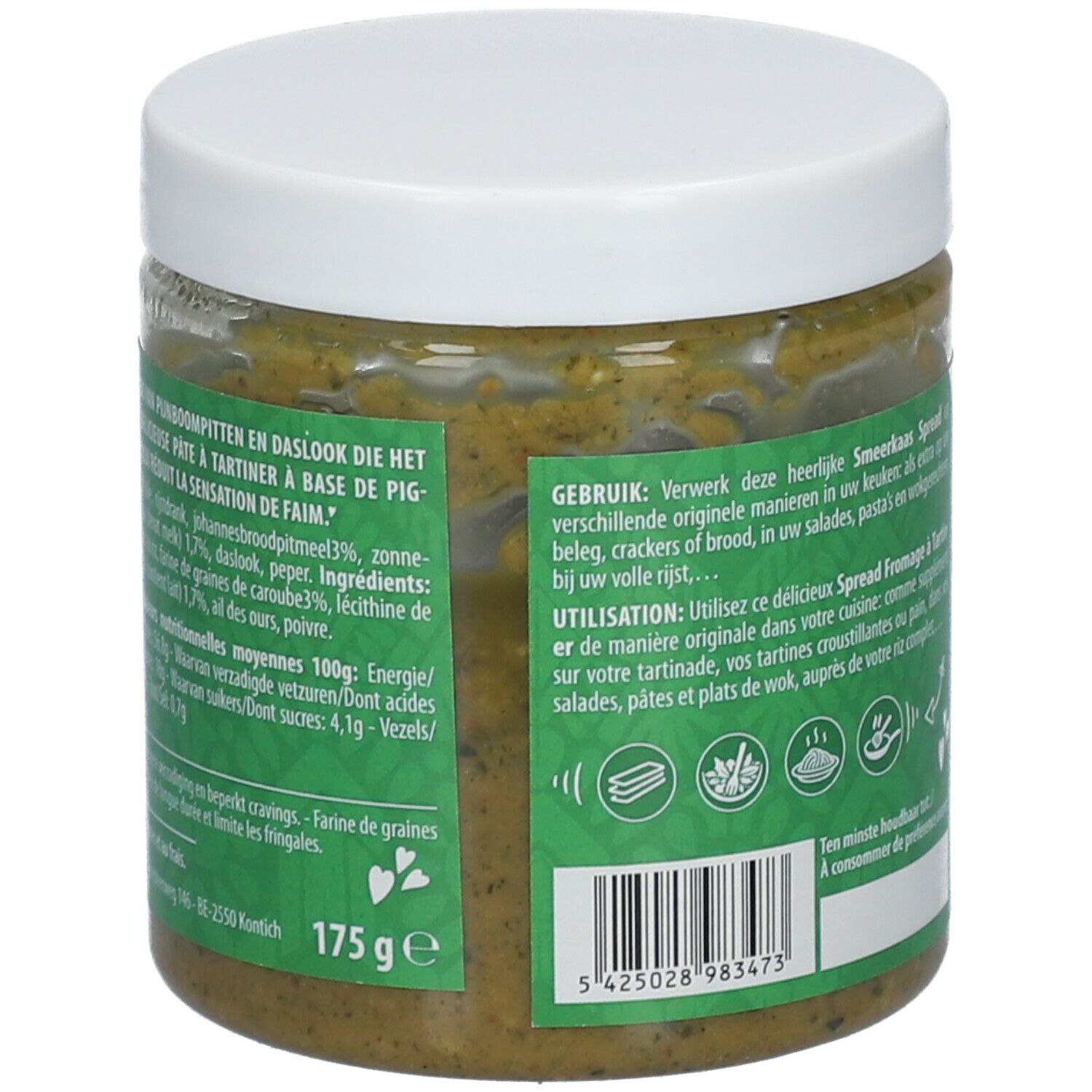 Pot de pâte verte avec couvercle blanc. Inscription: 175 g. Texte en plusieurs langues. Informations nutritionnelles.