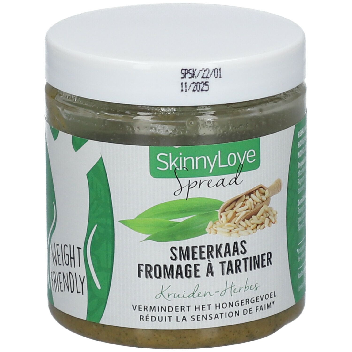 Pot de pâte verte avec couvercle blanc. Inscription: SkinnyLove Spread, Smeerkas, Fromage à Tartiner. Date de péremption.