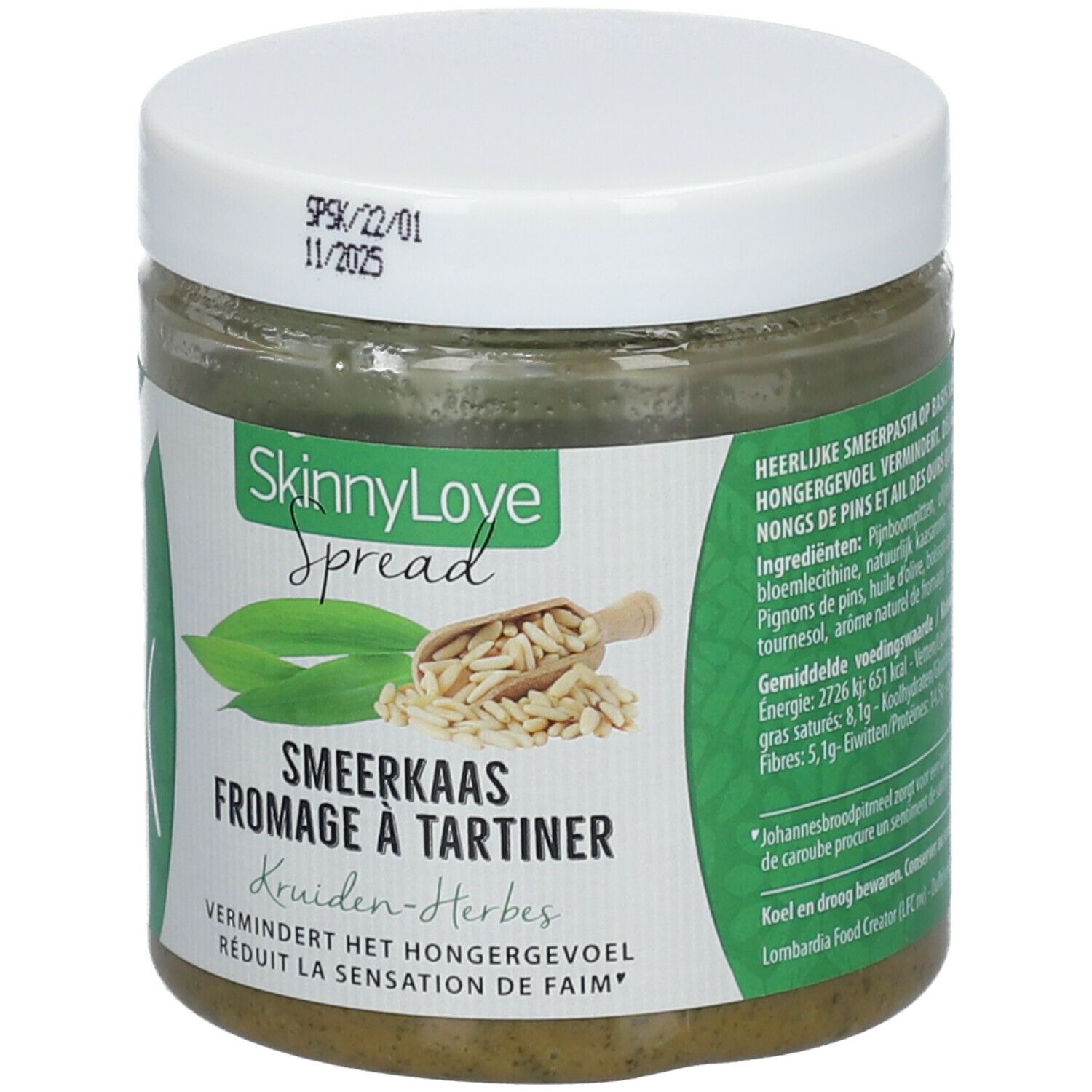 Pot de pâte verte avec couvercle blanc. Inscription: SkinnyLove Spread, Smeerkas, Fromage à Tartiner. Texte en plusieurs langues.