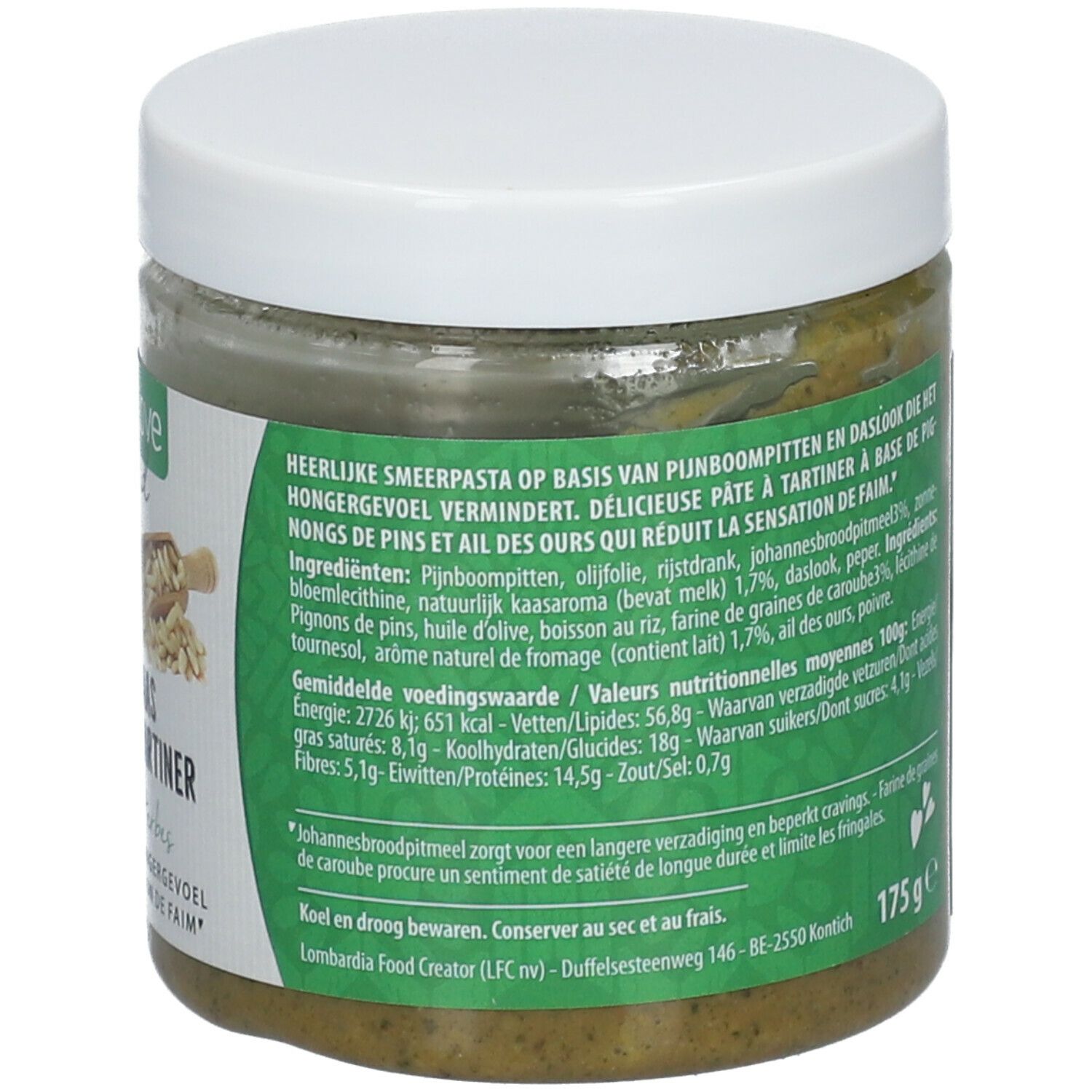 Pot de pâte verte avec couvercle blanc. Inscription: 175 g. Texte en plusieurs langues. Informations nutritionnelles.