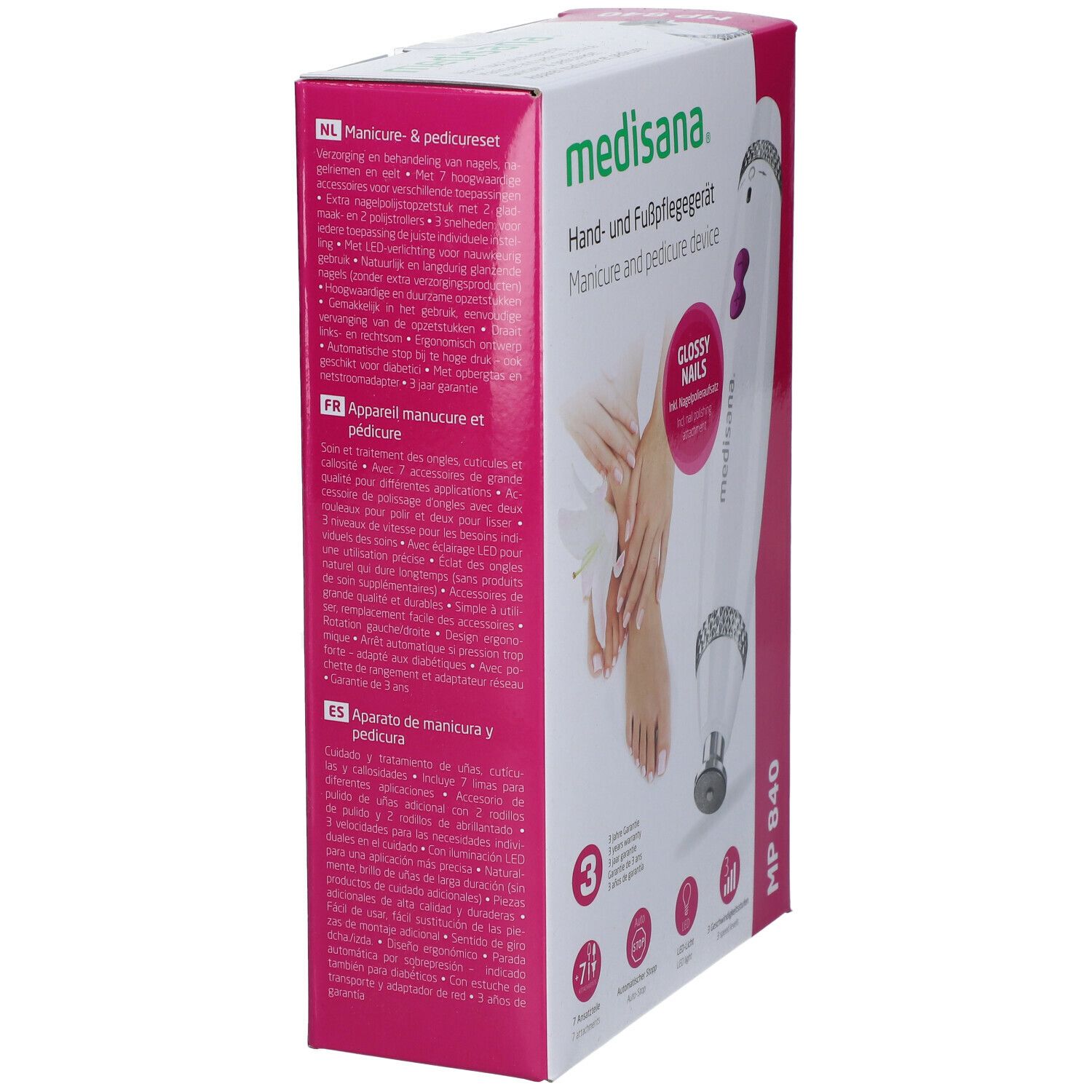 Verpakking van Medisana manicure- en pedicureapparaat. Tekst in Nederlands, Frans en Spaans. MP 840.