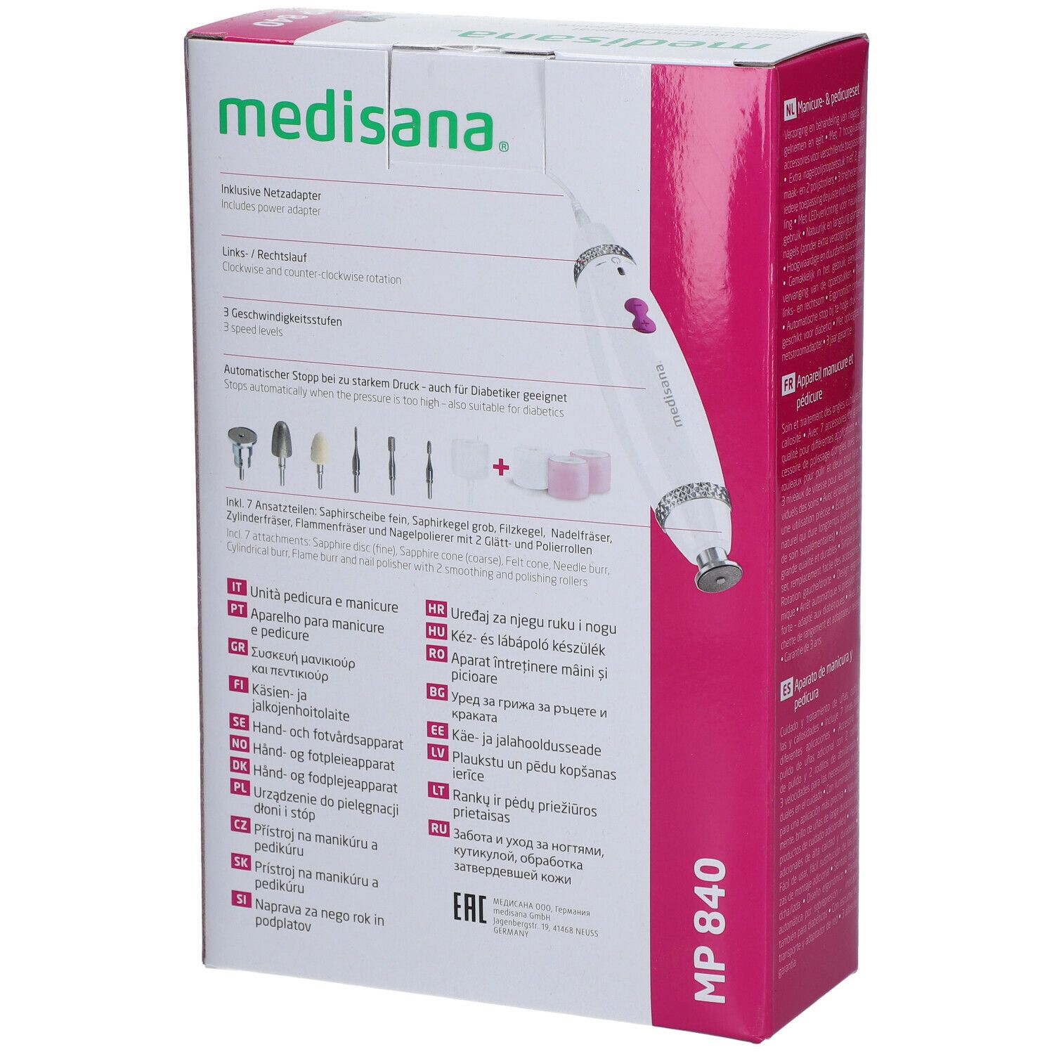 Achterkant van de verpakking van Medisana manicure- en pedicureapparaat. Accessoires afgebeeld. MP 840.