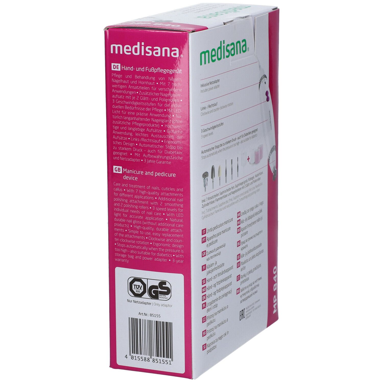 Zijkant van de verpakking van Medisana manicure- en pedicureapparaat. Tekst en certificeringen. MP 840.