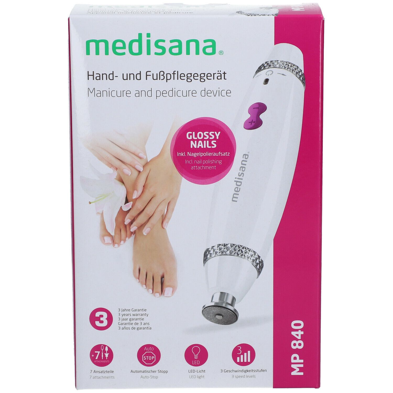 Medisana manicure- en pedicureapparaat. Witte verpakking met productafbeelding. Roze accenten. MP 840.