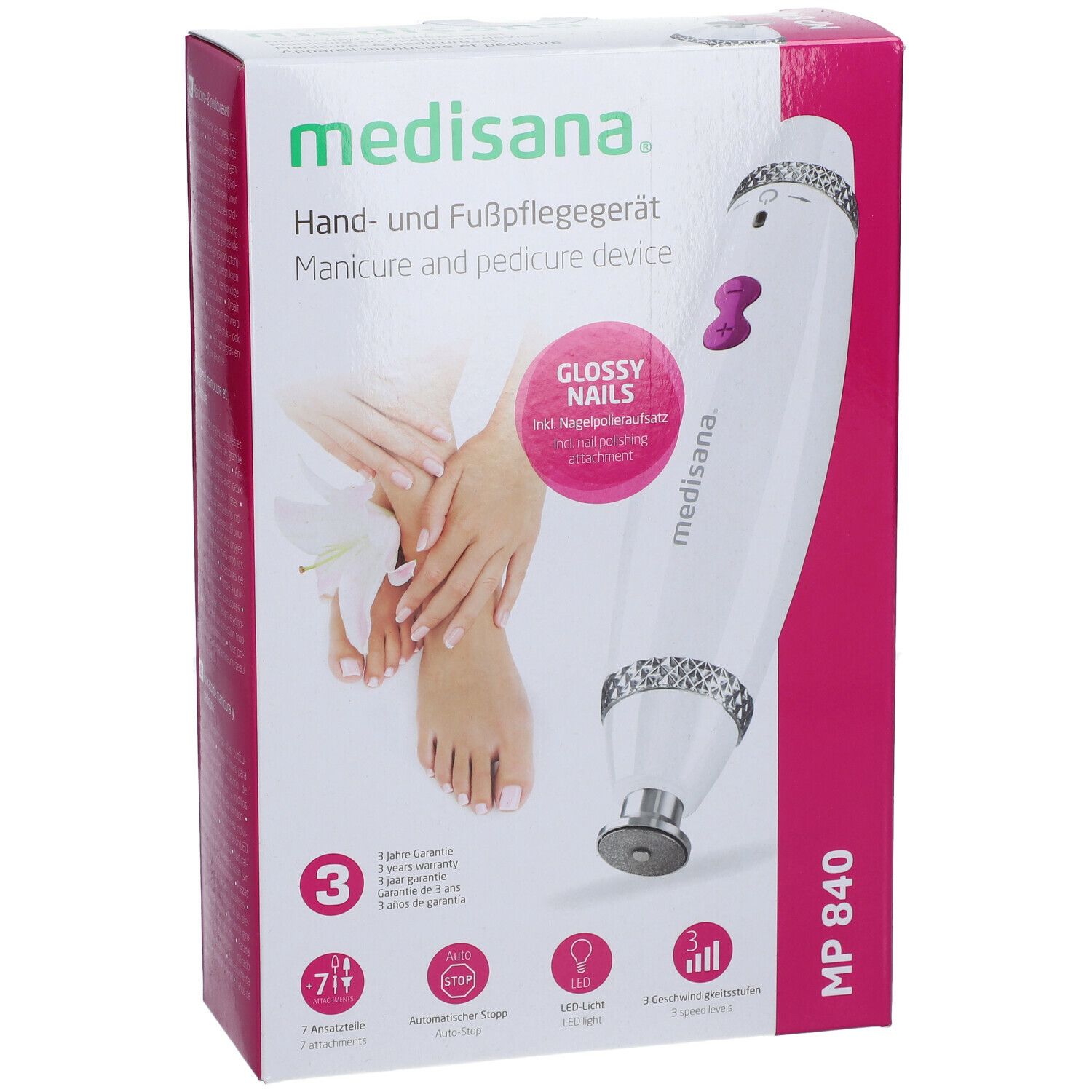 Medisana manicure- en pedicureapparaat. Witte verpakking met productafbeelding. Roze accenten. MP 840.
