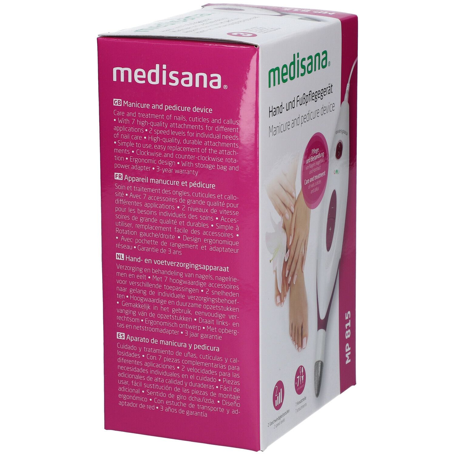 Medisana MP 815. Verpakking met meertalige productinformatie. Productafbeelding. 3 jaar garantie.