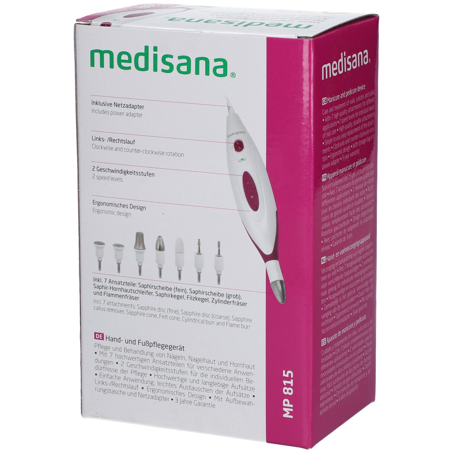 Medisana MP 815. Verpakking met productafbeelding en accessoires. 7 opzetstukken. Inclusief adapter. 2 snelheden.
