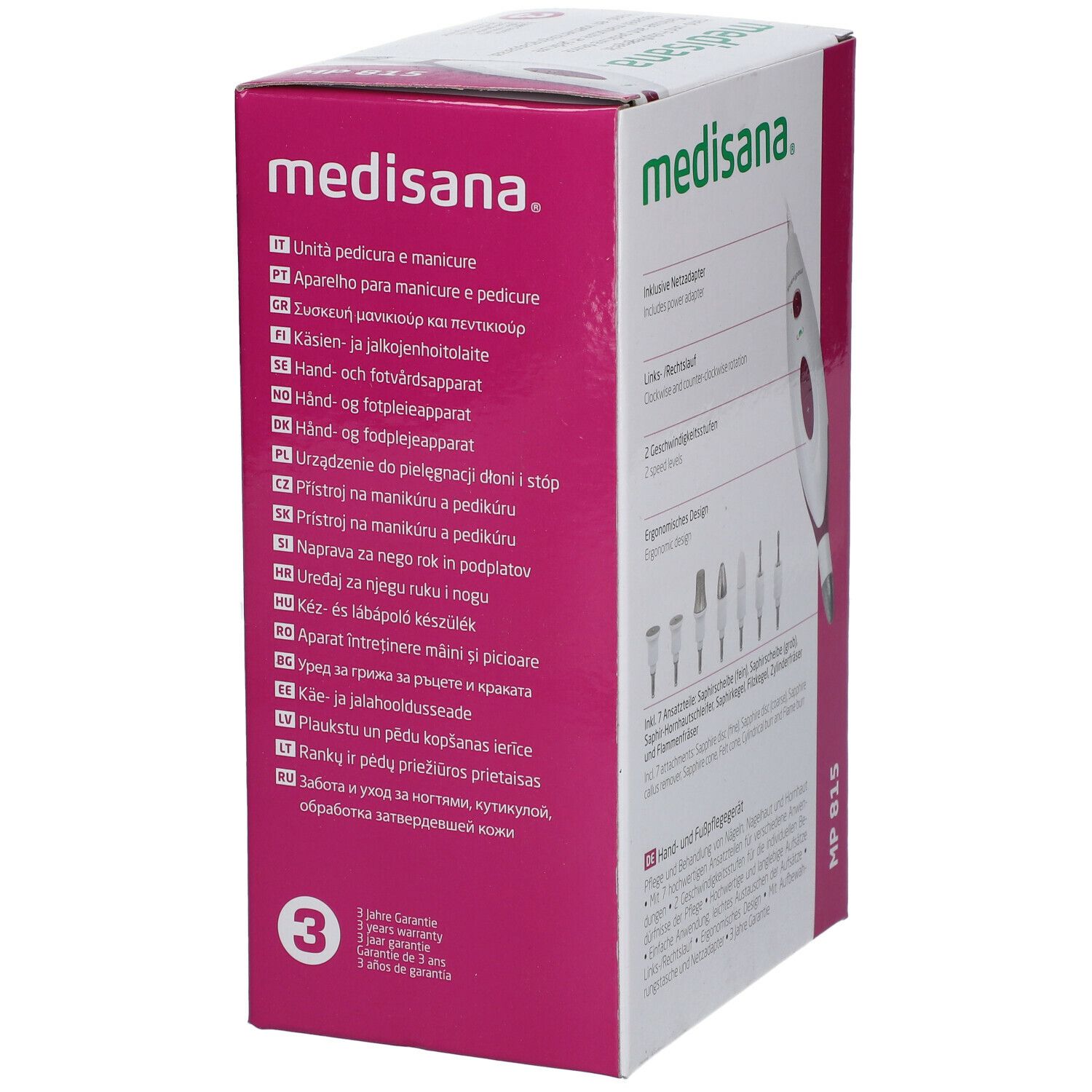 Medisana MP 815. Verpakking met meertalige productinformatie. 3 jaar garantie. Productafbeelding.