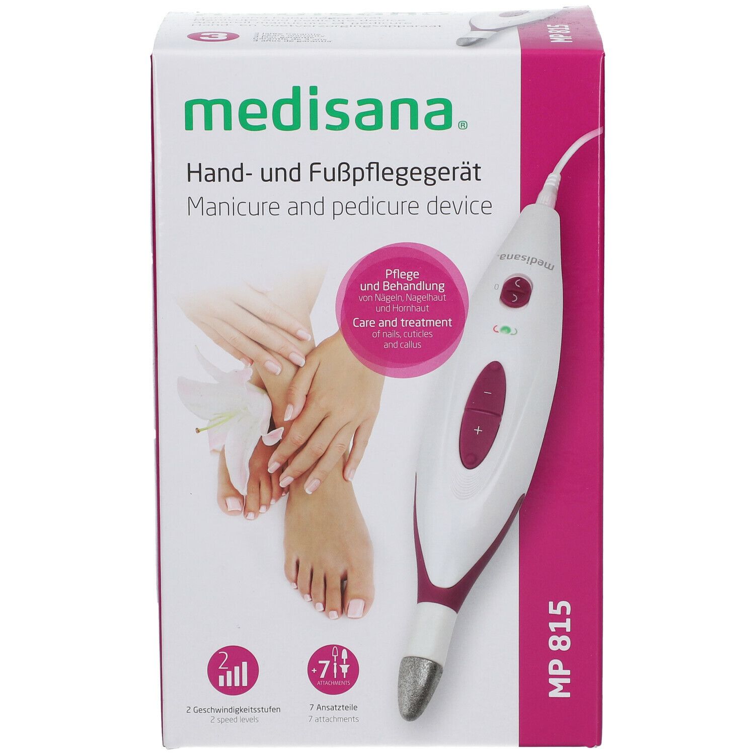 Medisana MP 815. Hand- en voetverzorging. Verpakking met productafbeelding en informatie. 7 opzetstukken, 2 snelheden.