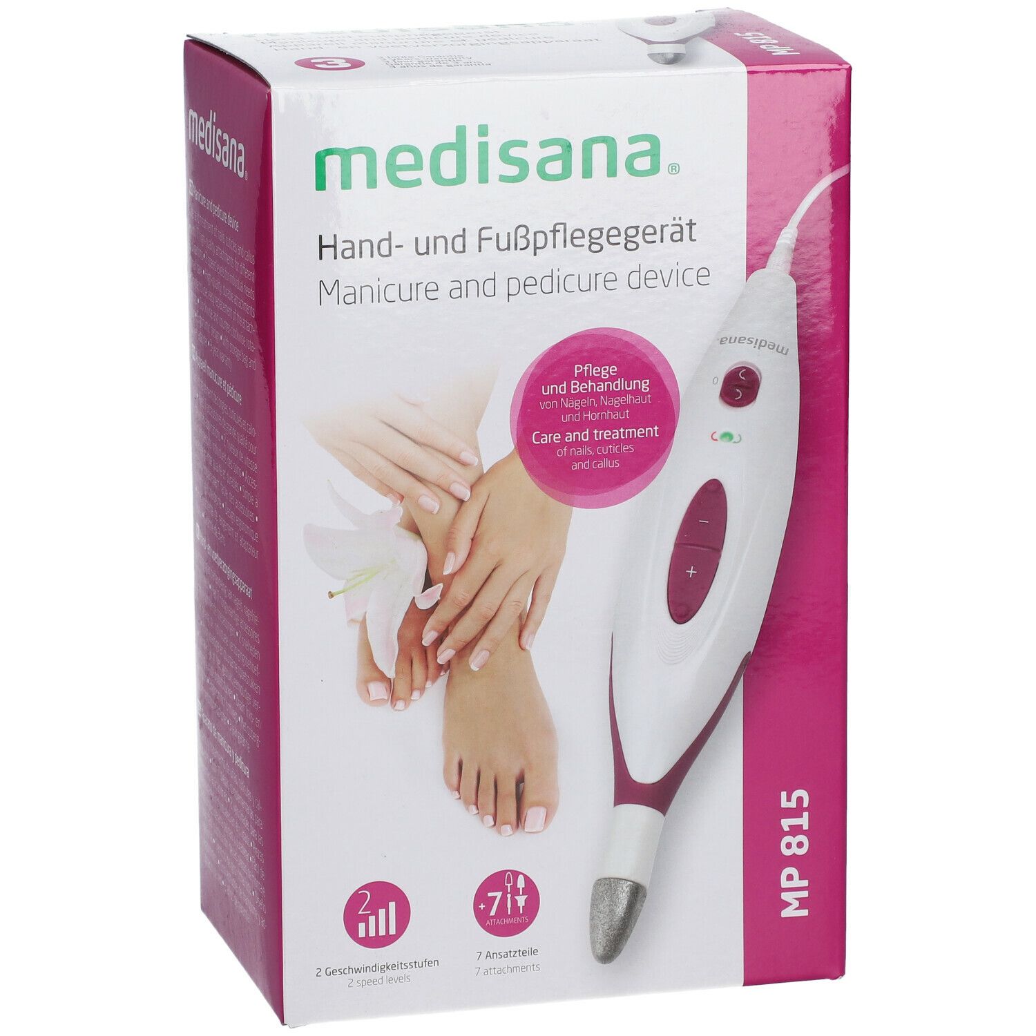 Medisana MP 815. Hand- en voetverzorging. Verpakking met productafbeelding en informatie. 7 opzetstukken, 2 snelheden.