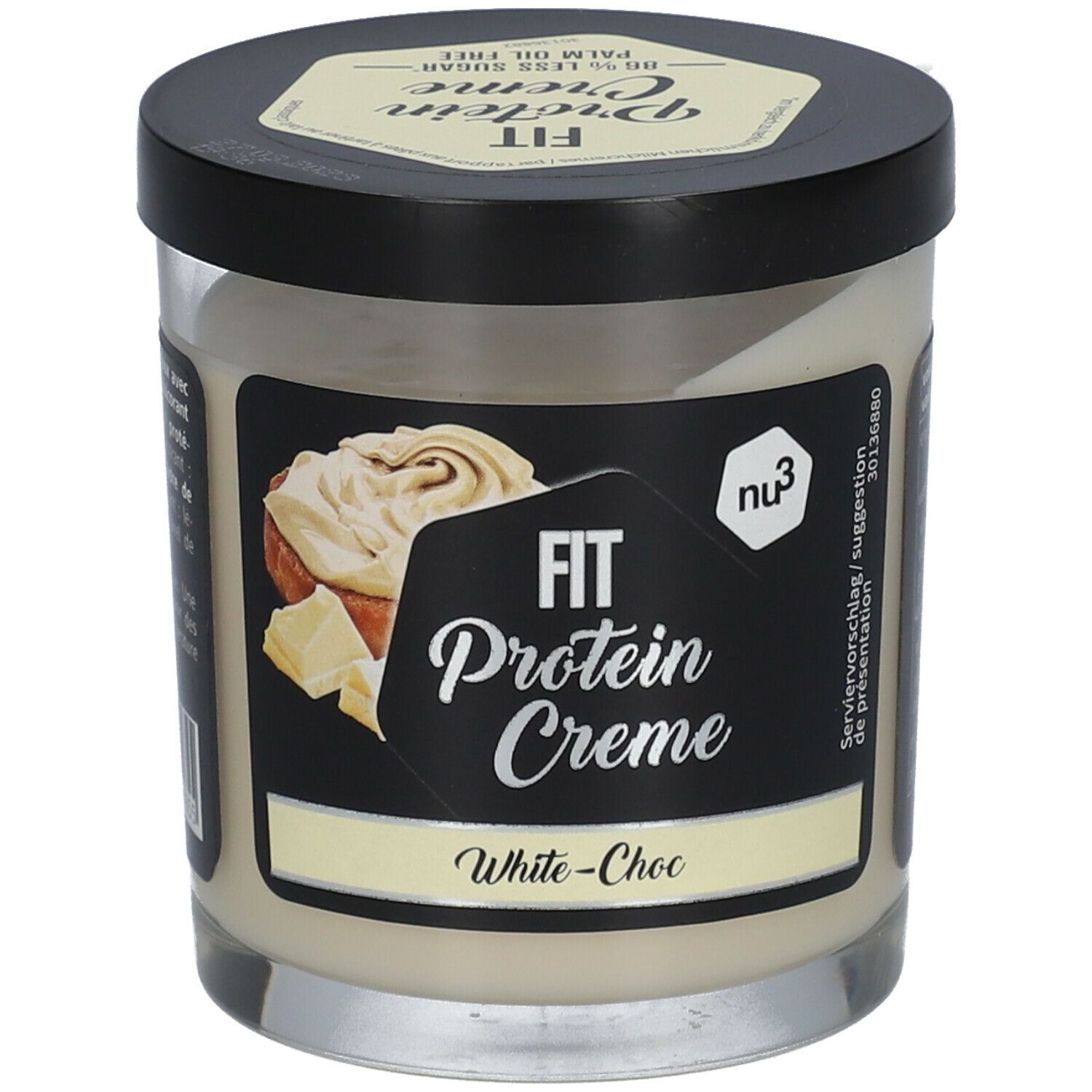 Pot de crème blanche avec couvercle noir et étiquette. Inscription: FIT Protein Creme White-Choc. Marque: nu3.
