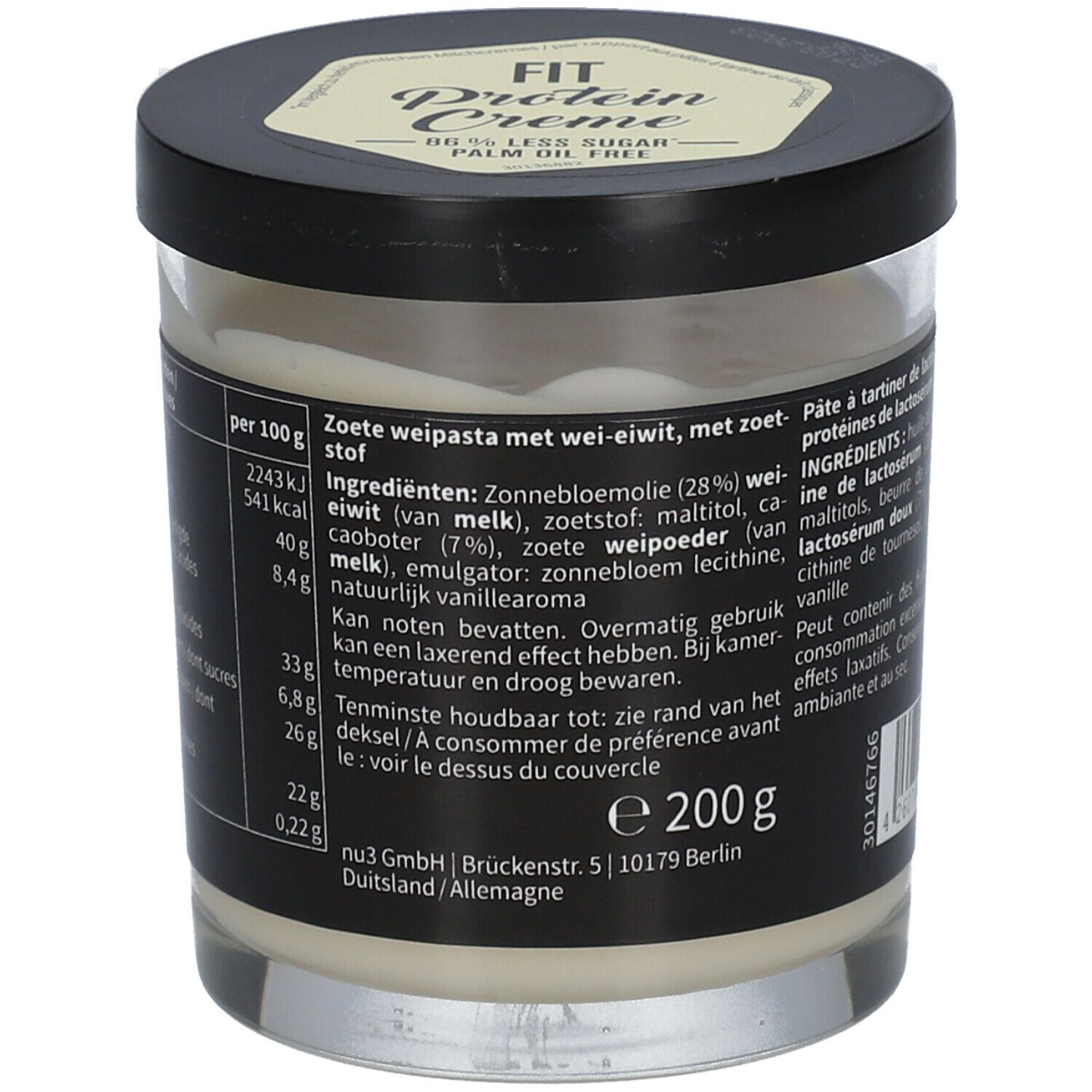 Pot de crème blanche. Texte: informations nutritionnelles, ingrédients, adresse du fabricant. Inscription: 200g.